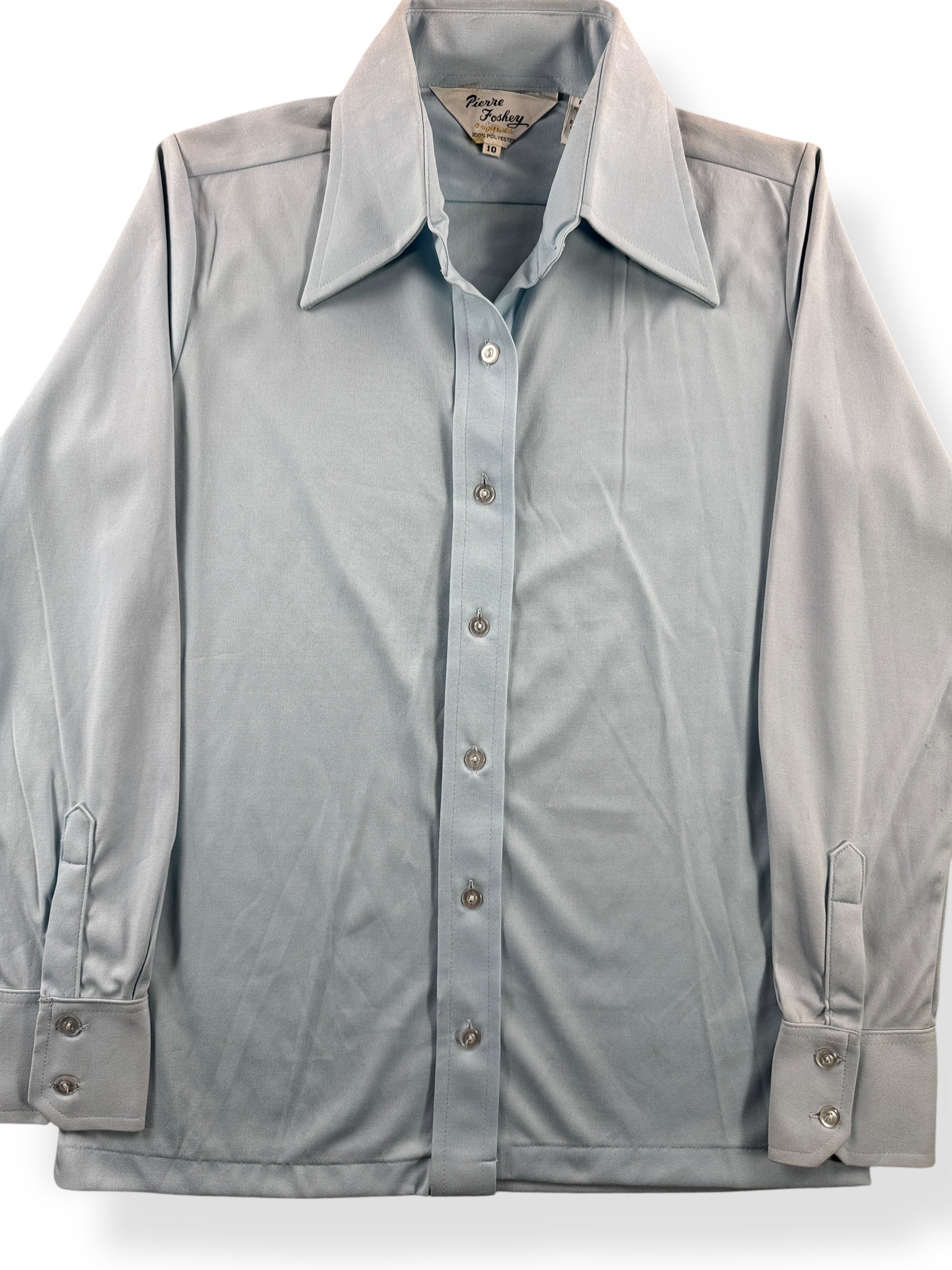 Front Close Up of Vintage 70s Pierre Foshey Poly Button Up Shirt SZ XS