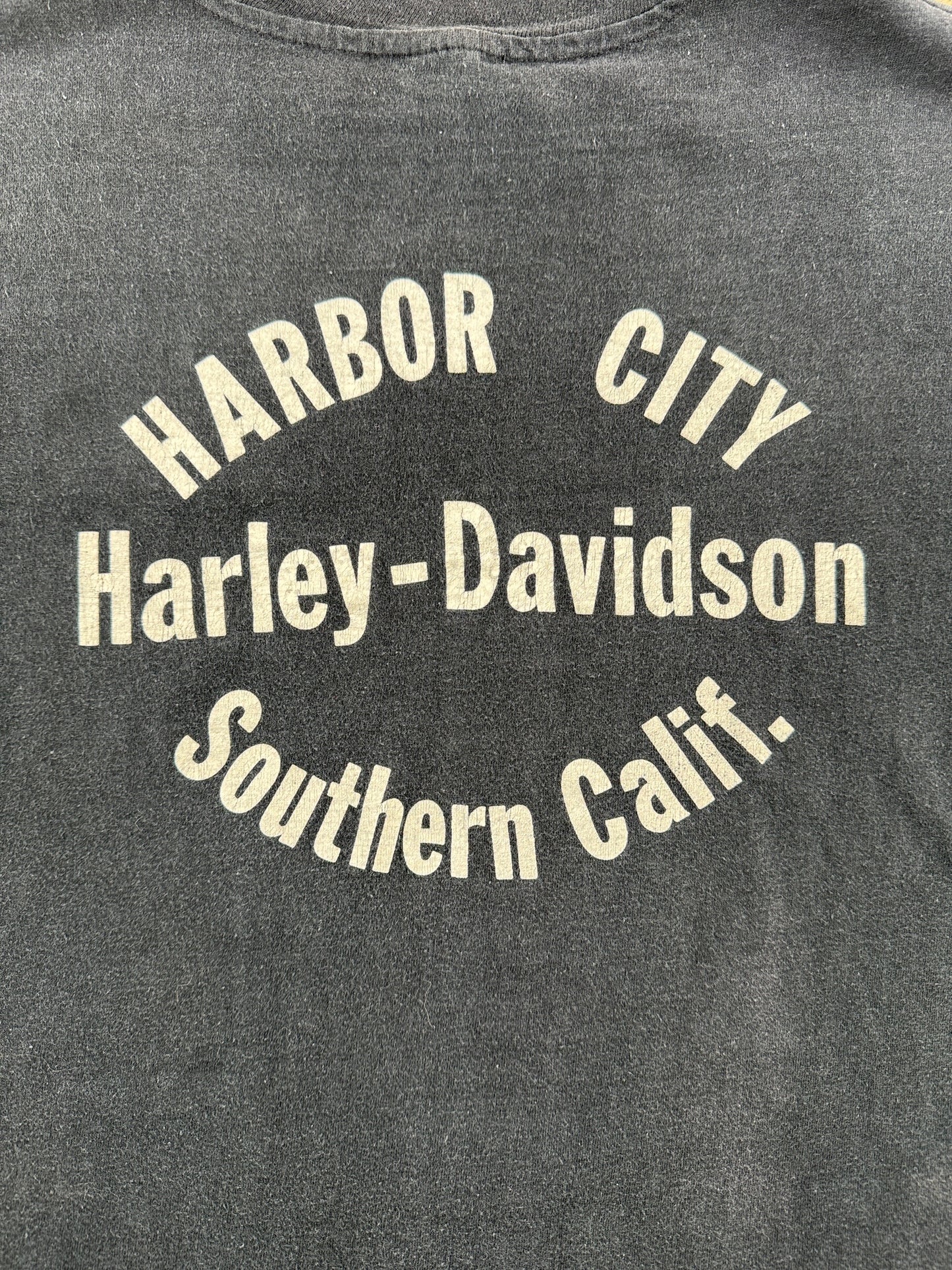 Back Graphic of Vintage 70s/80s Era Harbor City Harley Davidson Tee SZ L (Fits M)