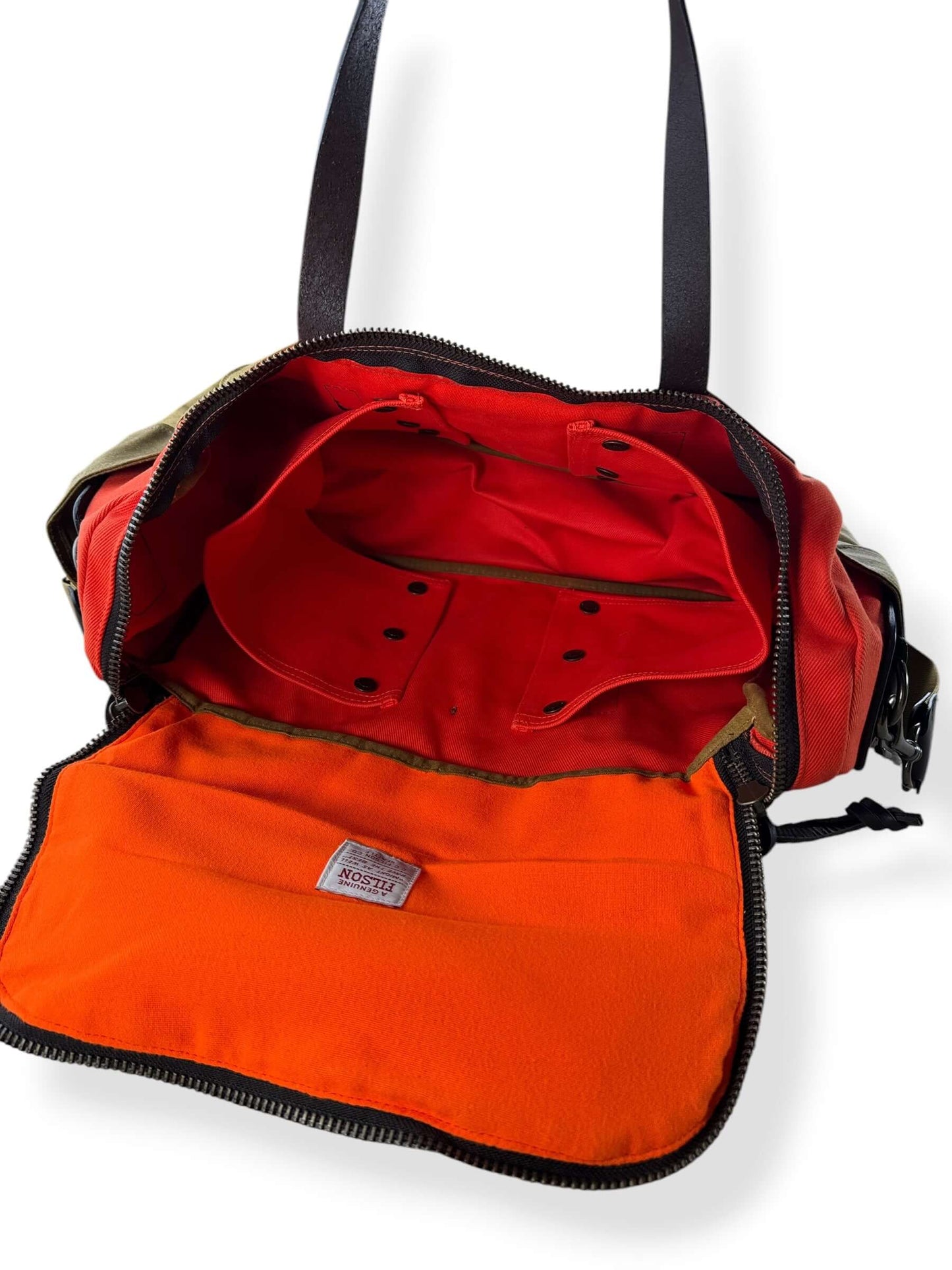 Inside of Filson Heritage Sportsman Bag Orange Dark Tan NWOT