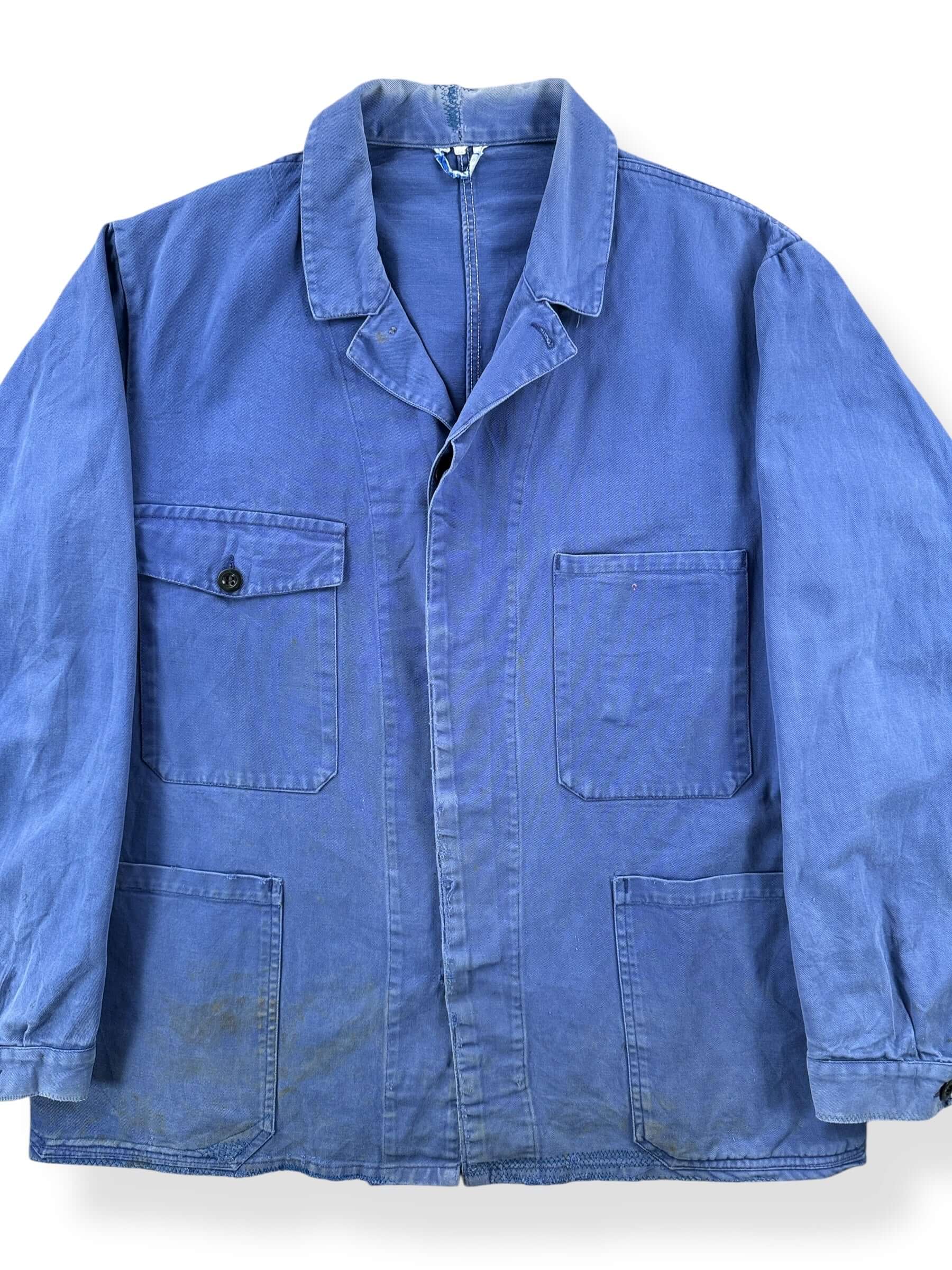 Front Close Up of Vintage Repaired and Faded French Chore Coat SZ L