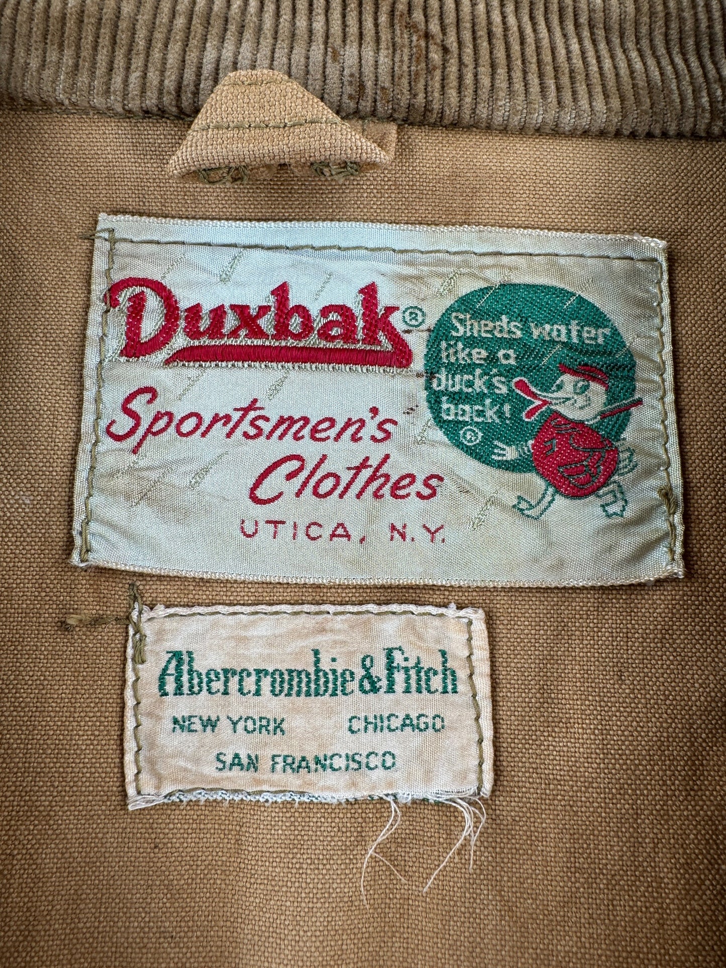 Label on Vintage 50s Era Duxbak Hunting Jacket SZ XL