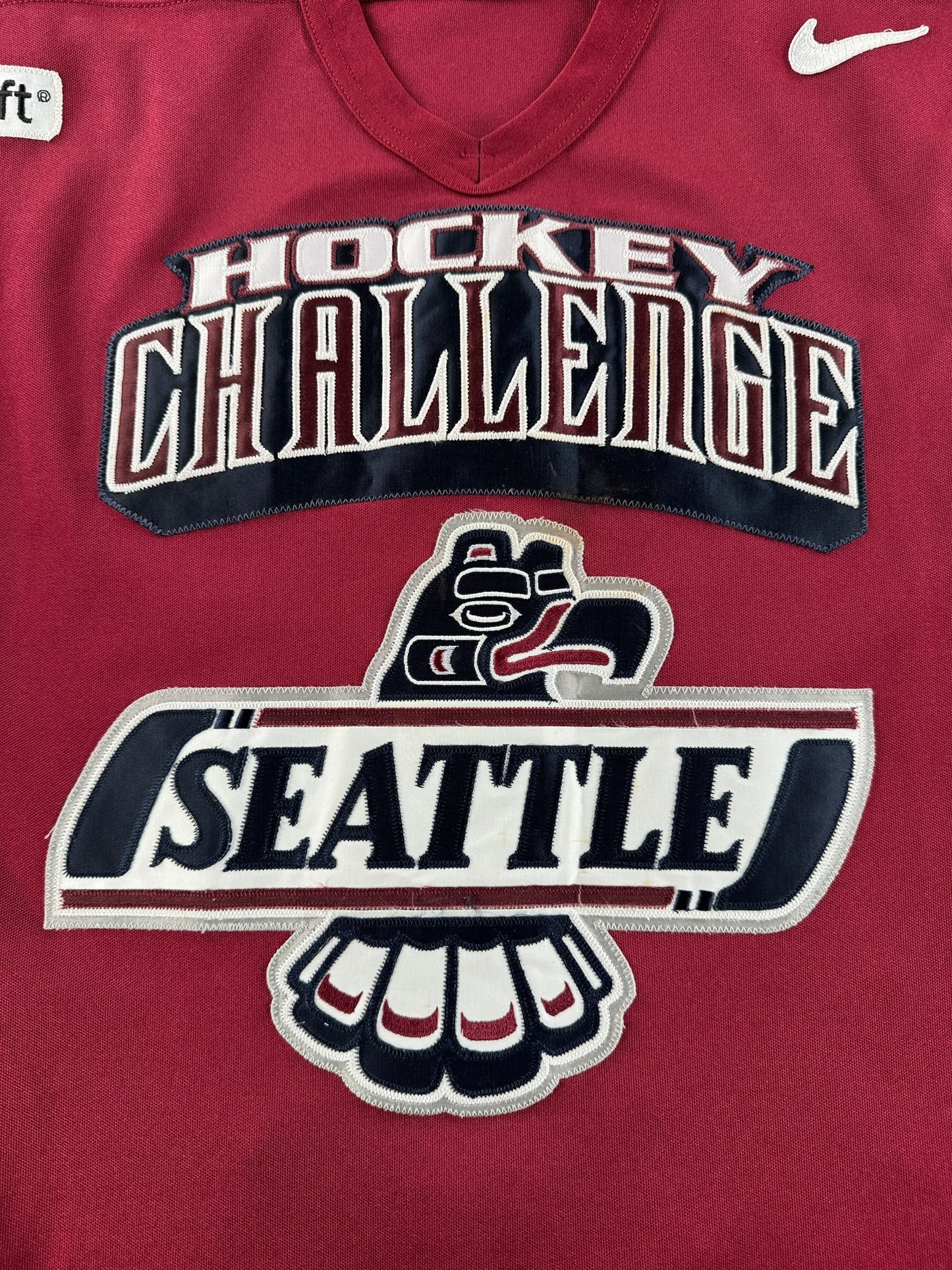 Design on Vintage Burgundy 2000s Seattle Thunderbirds Hockey Challenge Game Worn Jersey SZ 56