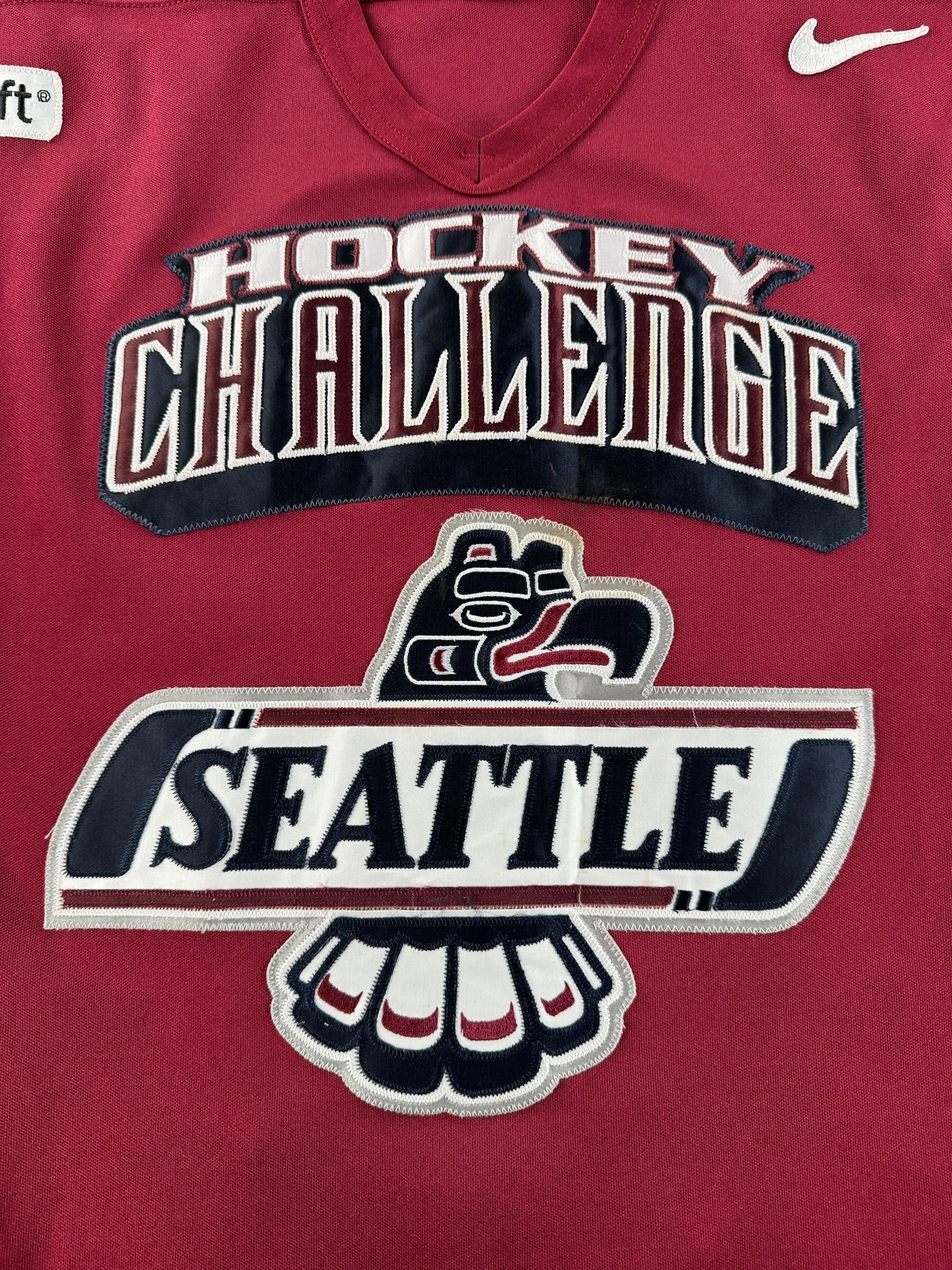 Design on Vintage Burgundy 2000s Seattle Thunderbirds Hockey Challenge Game Worn Jersey SZ 56