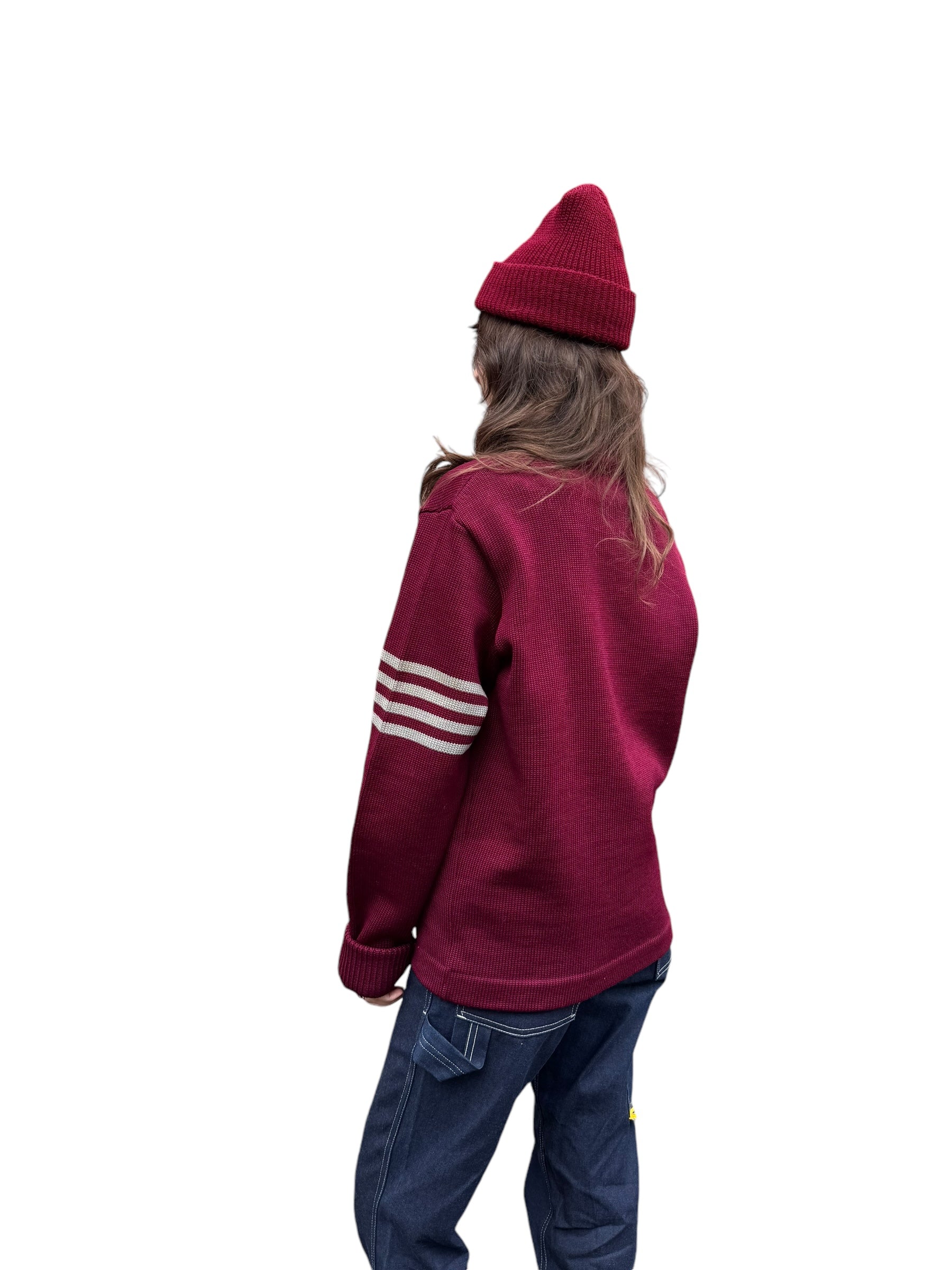 Back side model view of 1956 Waitsburg Cardinals Letterman Cardigan M-L