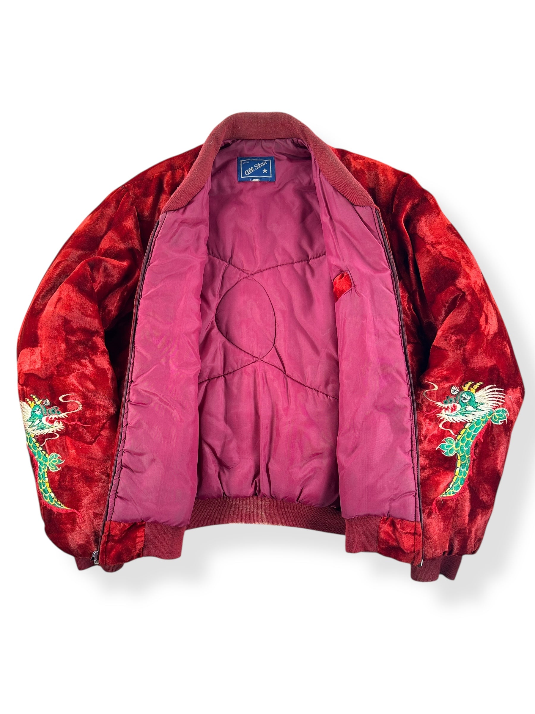 Inside of Vintage 80s Era Velvet Korea Souvenir Bomber Jacket SZ L