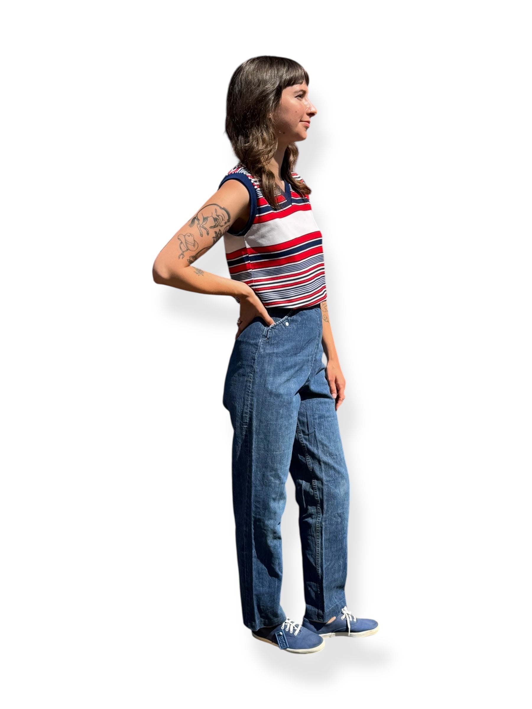 Side On Body View of Vintage GWG Canadian Frontier Side Zip Jeans W25