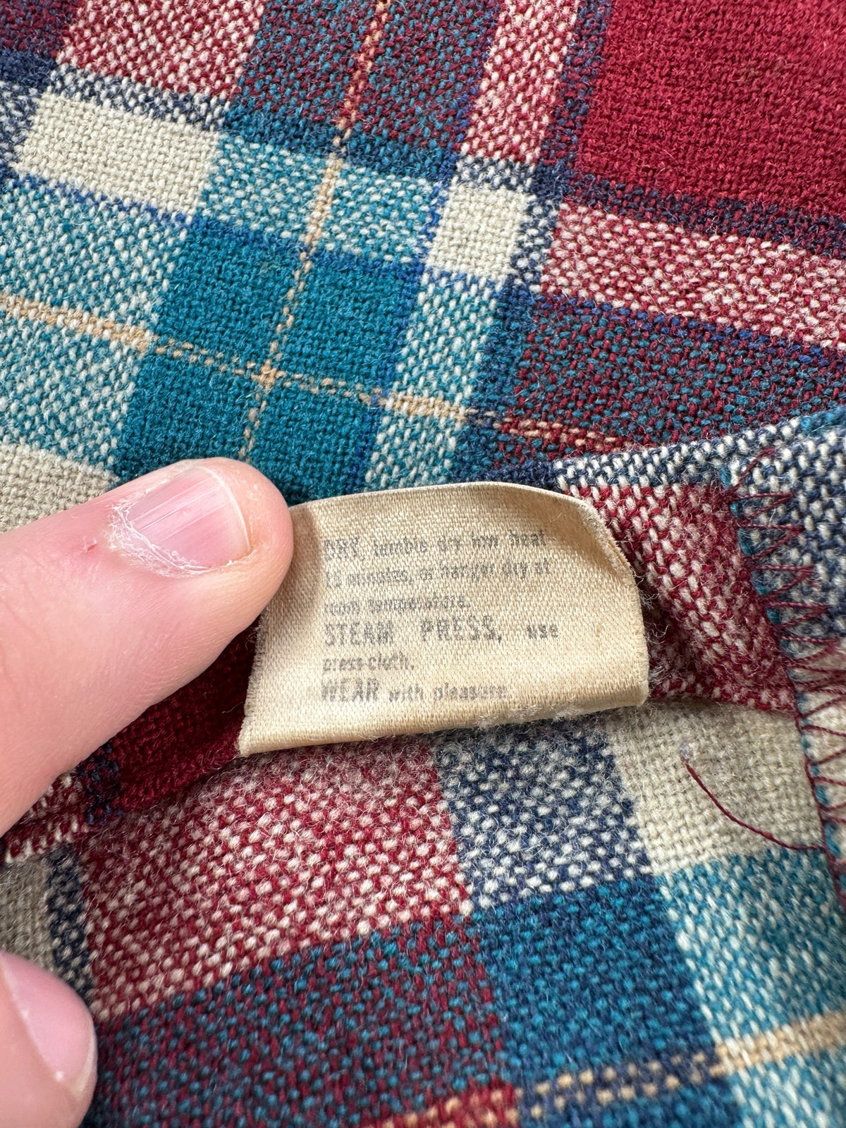 Back of care tag on Vintage Pendleton Maroon Plaid Board Shirt W/ Elbow Pads SZ L - AS IS