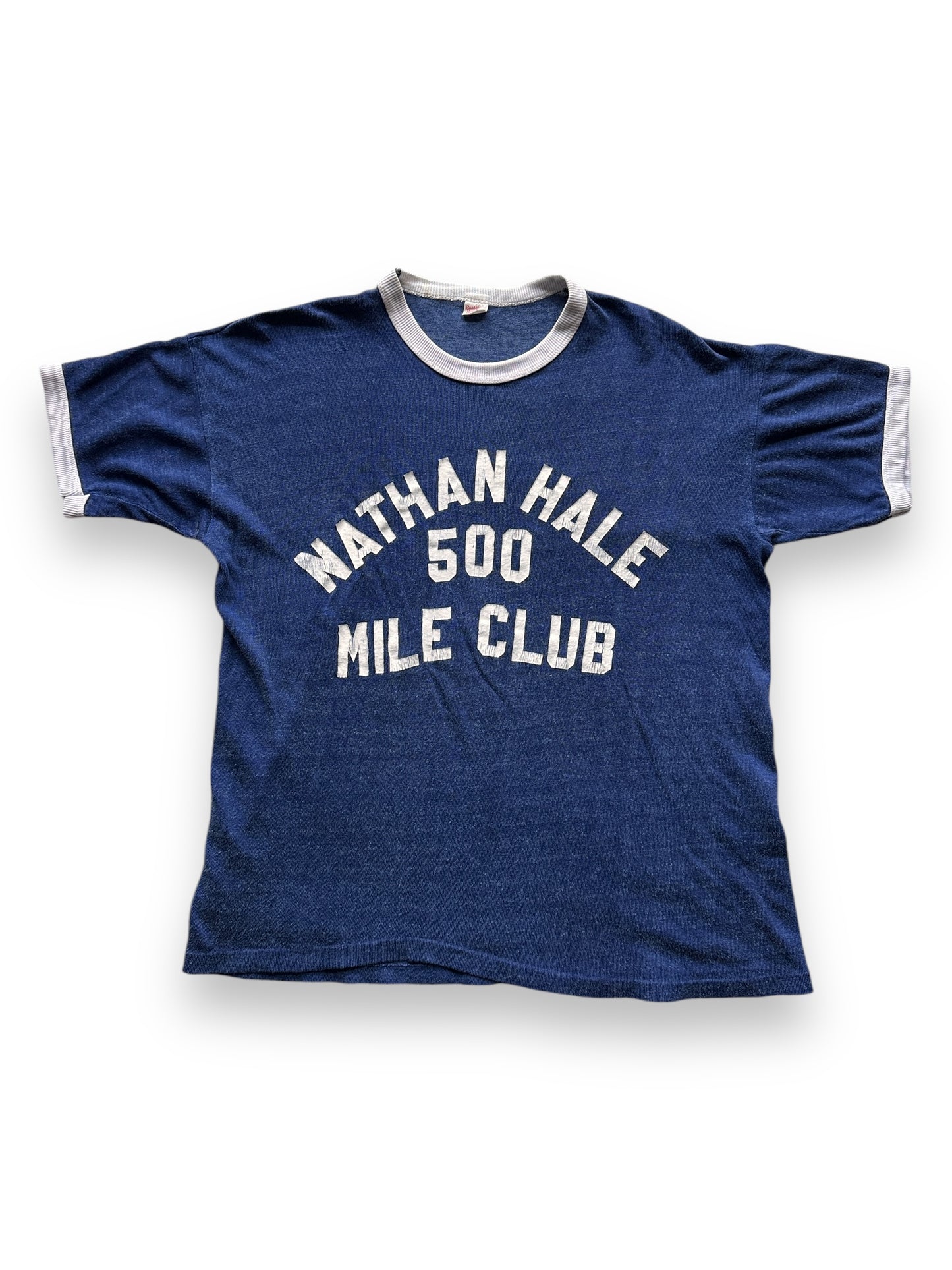 front of Vintage Nathan Hale Navy Durene Ringer Tee SZ L