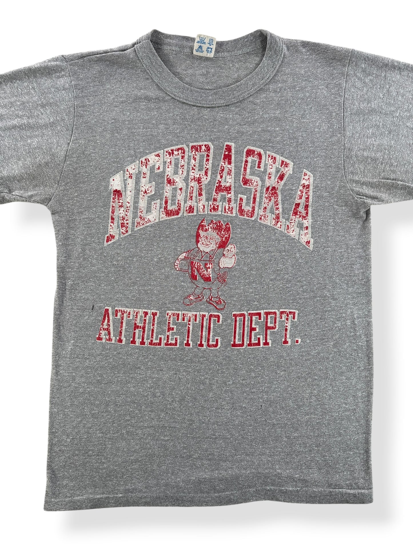 Front Close Up of Vintage 80s Champion Nebraska Athletic Dept Tee SZ M (Fits S)