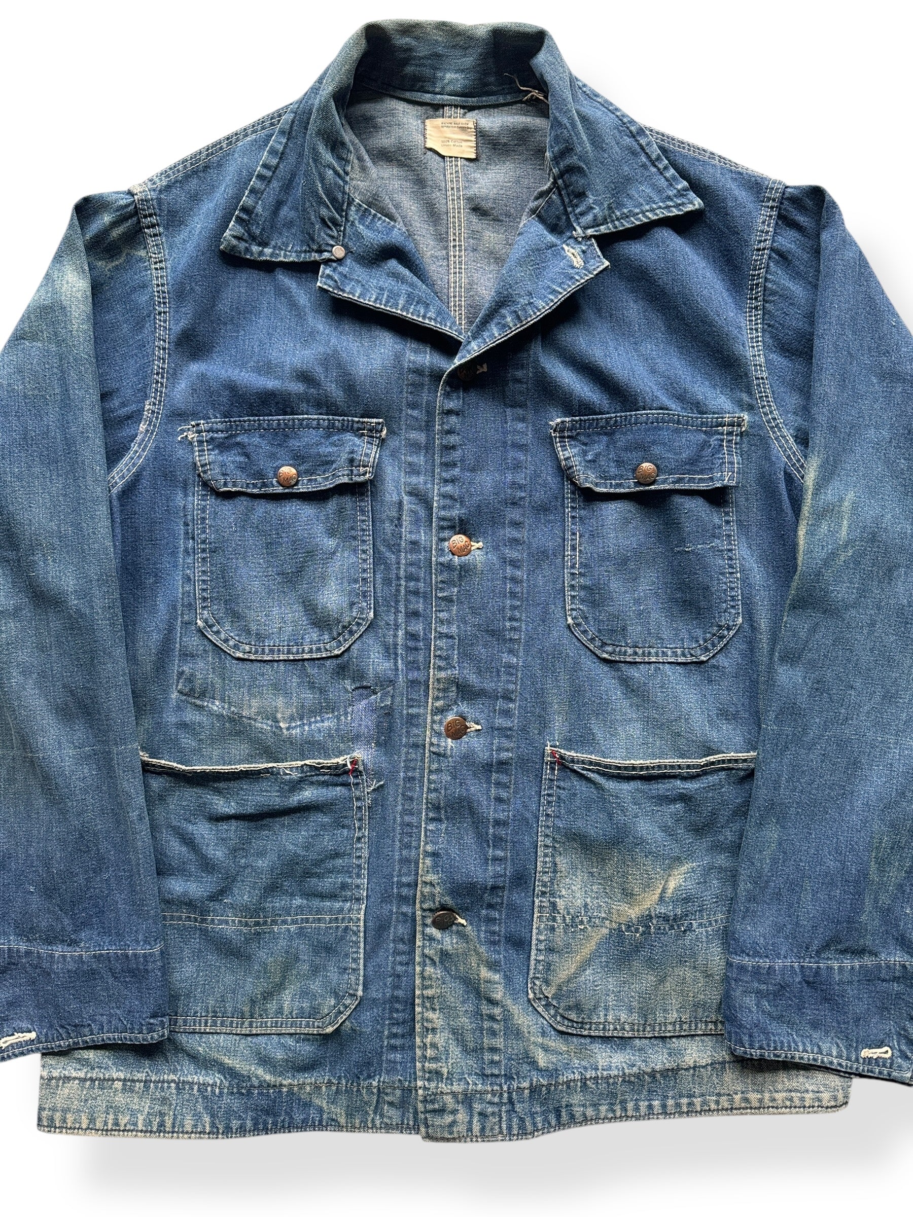 Front Close Up of Vintage Repaired Unlined Big Mac Denim Chore Coat SZ L