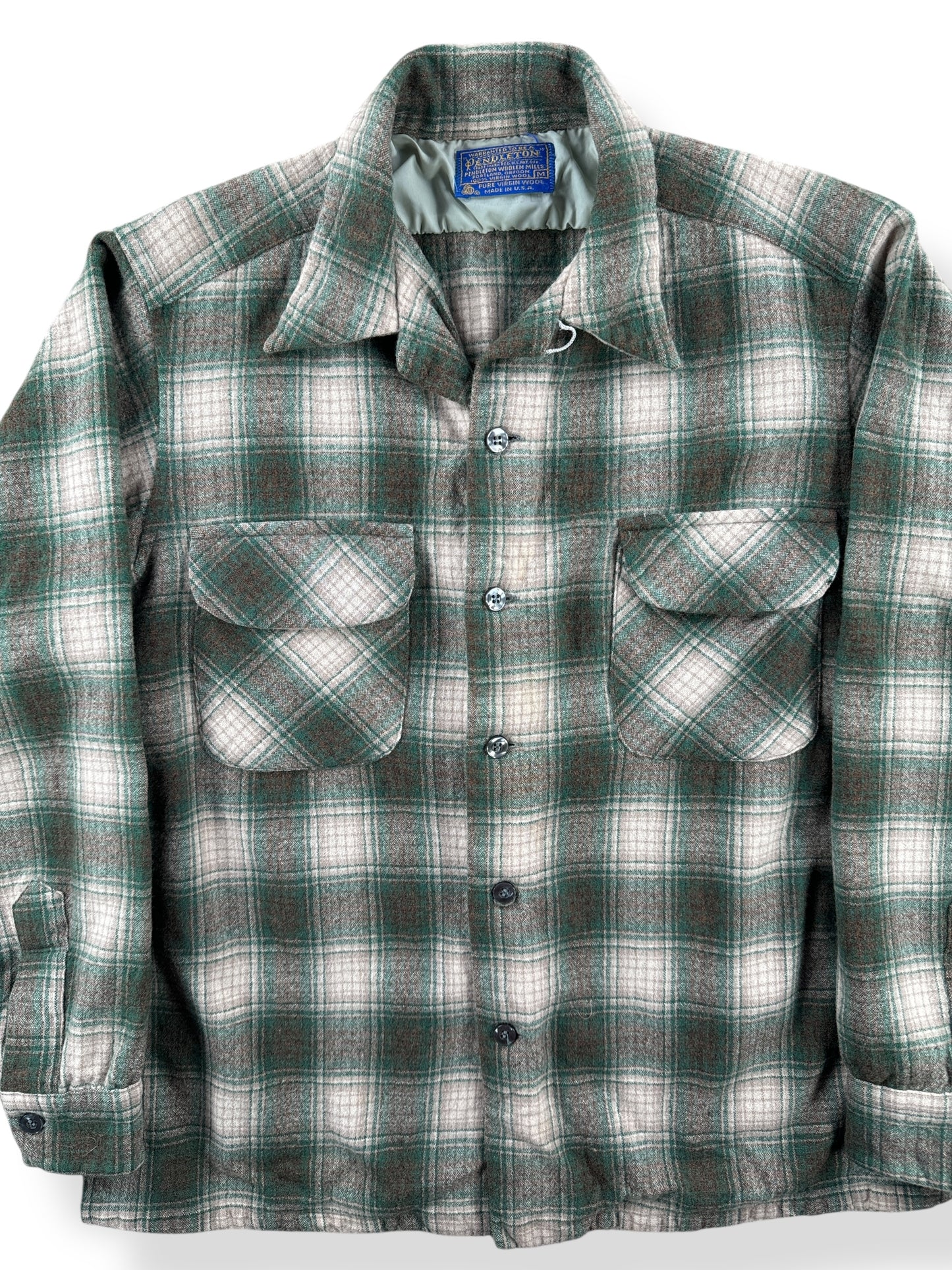 Front Close Up of Vintage Pendleton Green and Tan Board Shirt SZ M