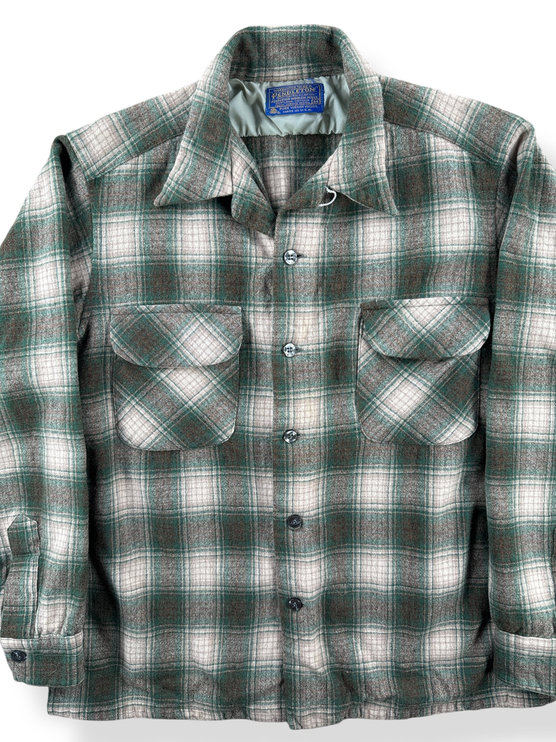 Front Close Up of Vintage Pendleton Green and Tan Board Shirt SZ M