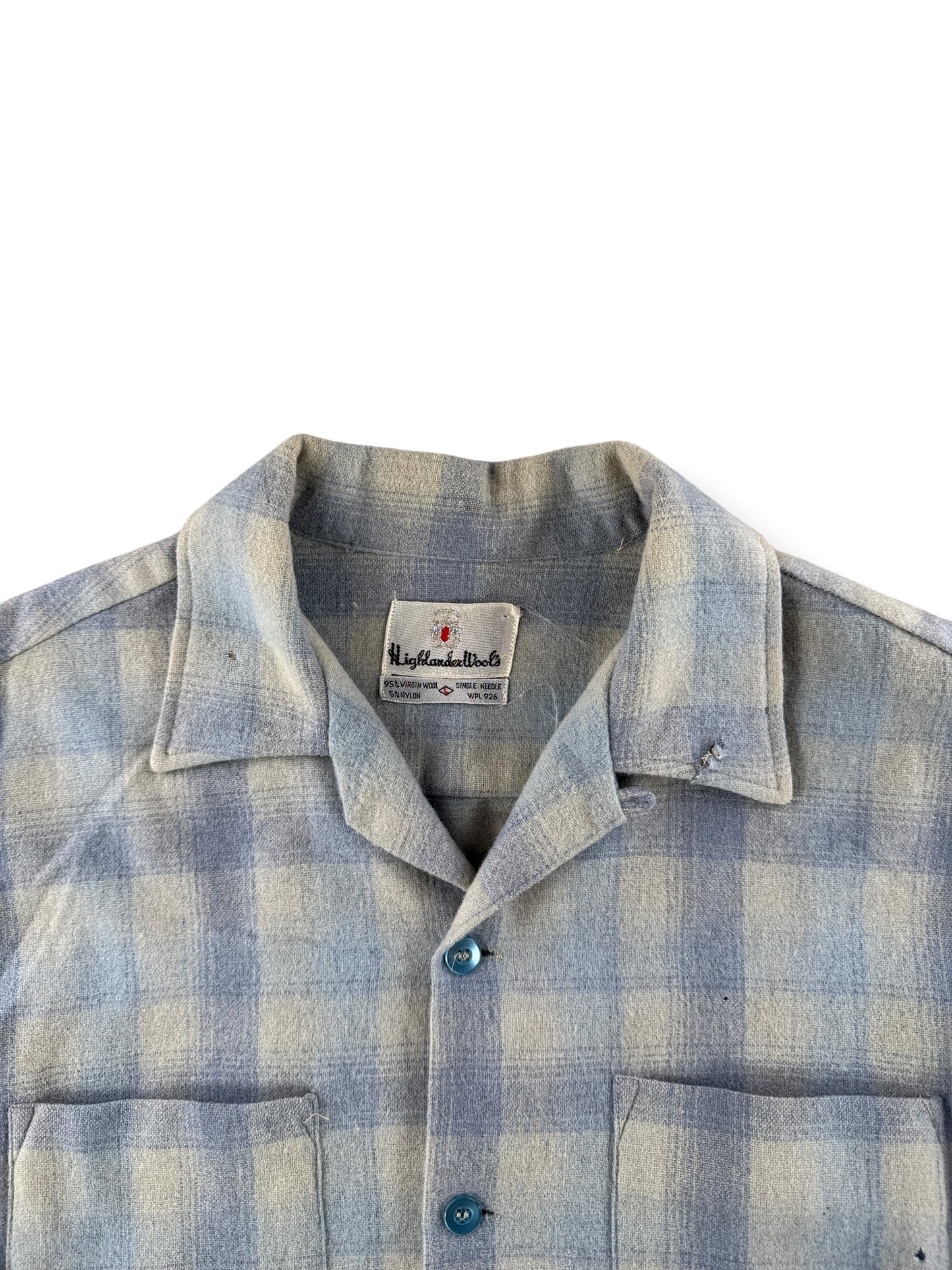 Collar on Vintage Highlander Woolen Mills Blue Plaid Flannel SZ L - AS IS