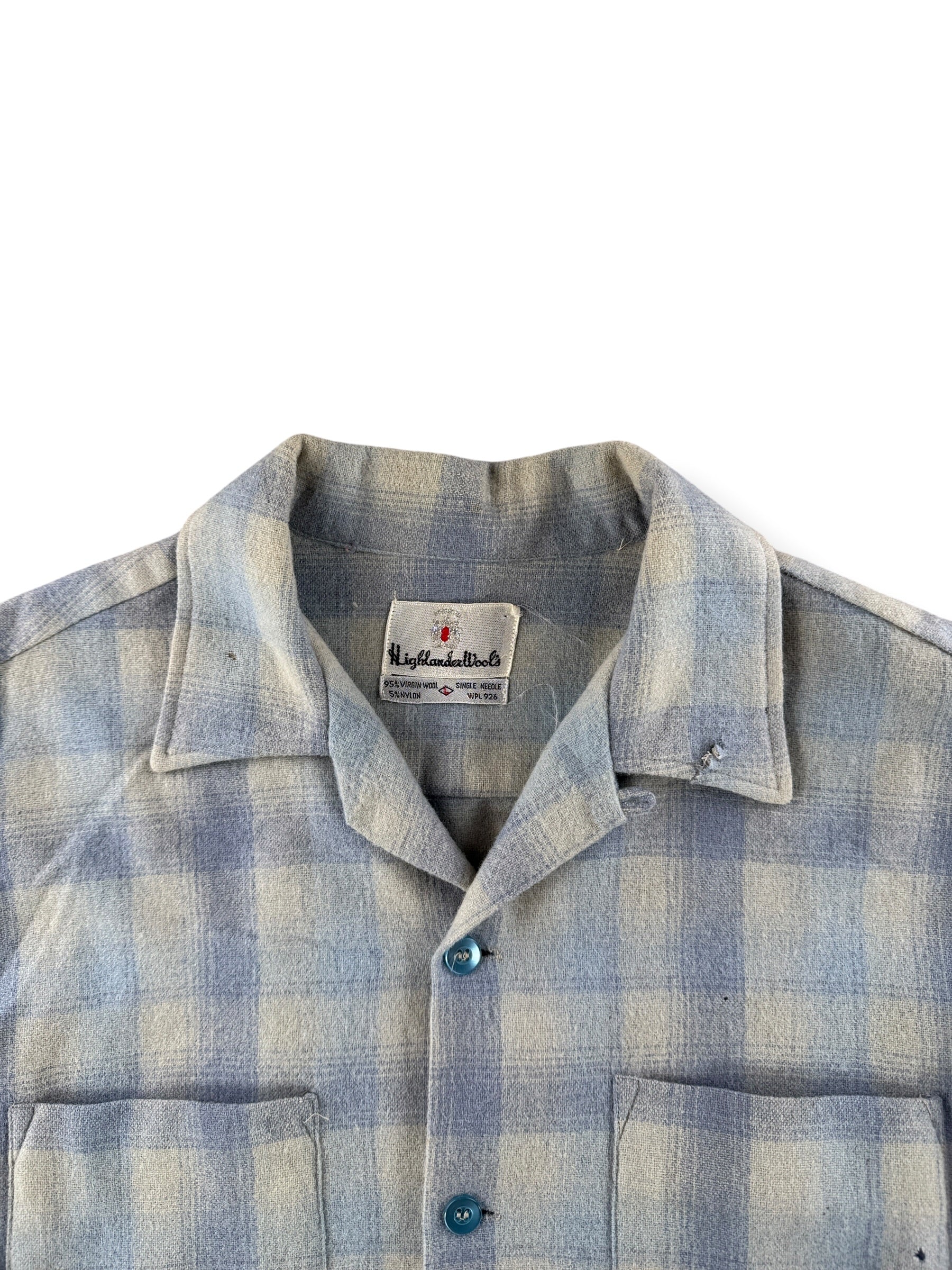 Collar on Vintage Highlander Woolen Mills Blue Plaid Flannel SZ L - AS IS