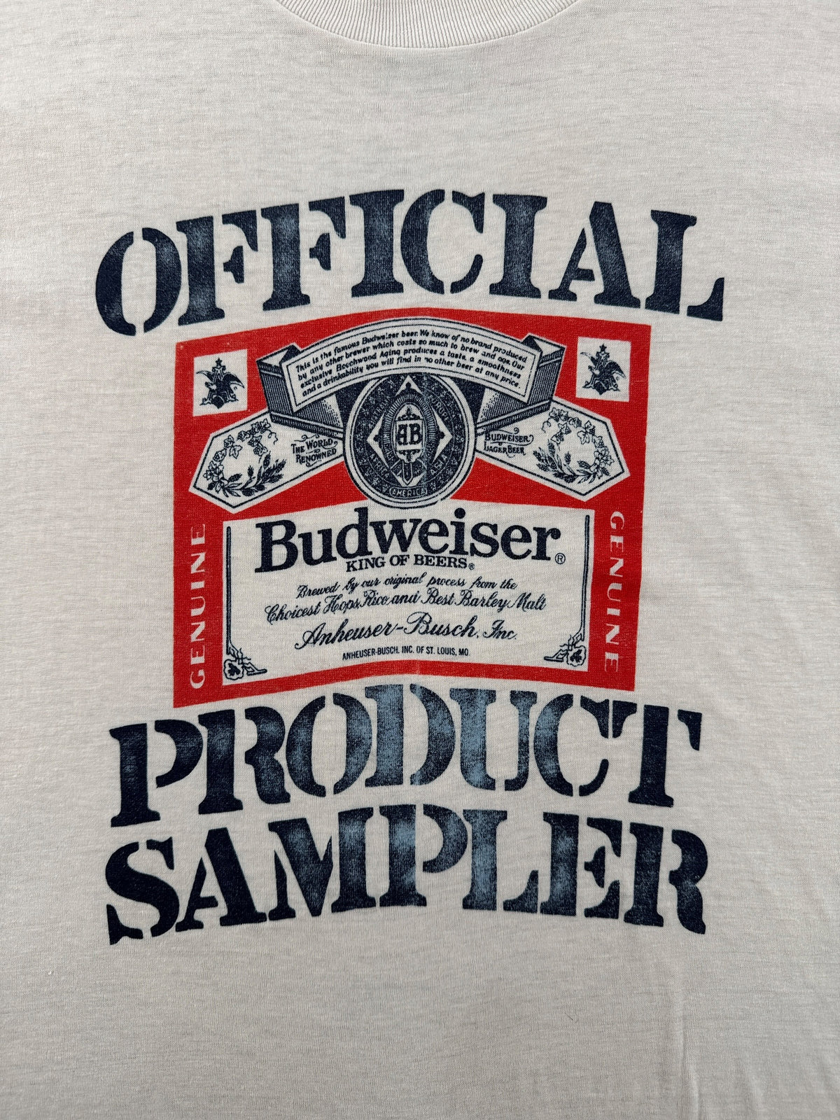 Front graphic on Vintage 1980s Budweiser Product Sampler Tee SZ XL (Fits S)