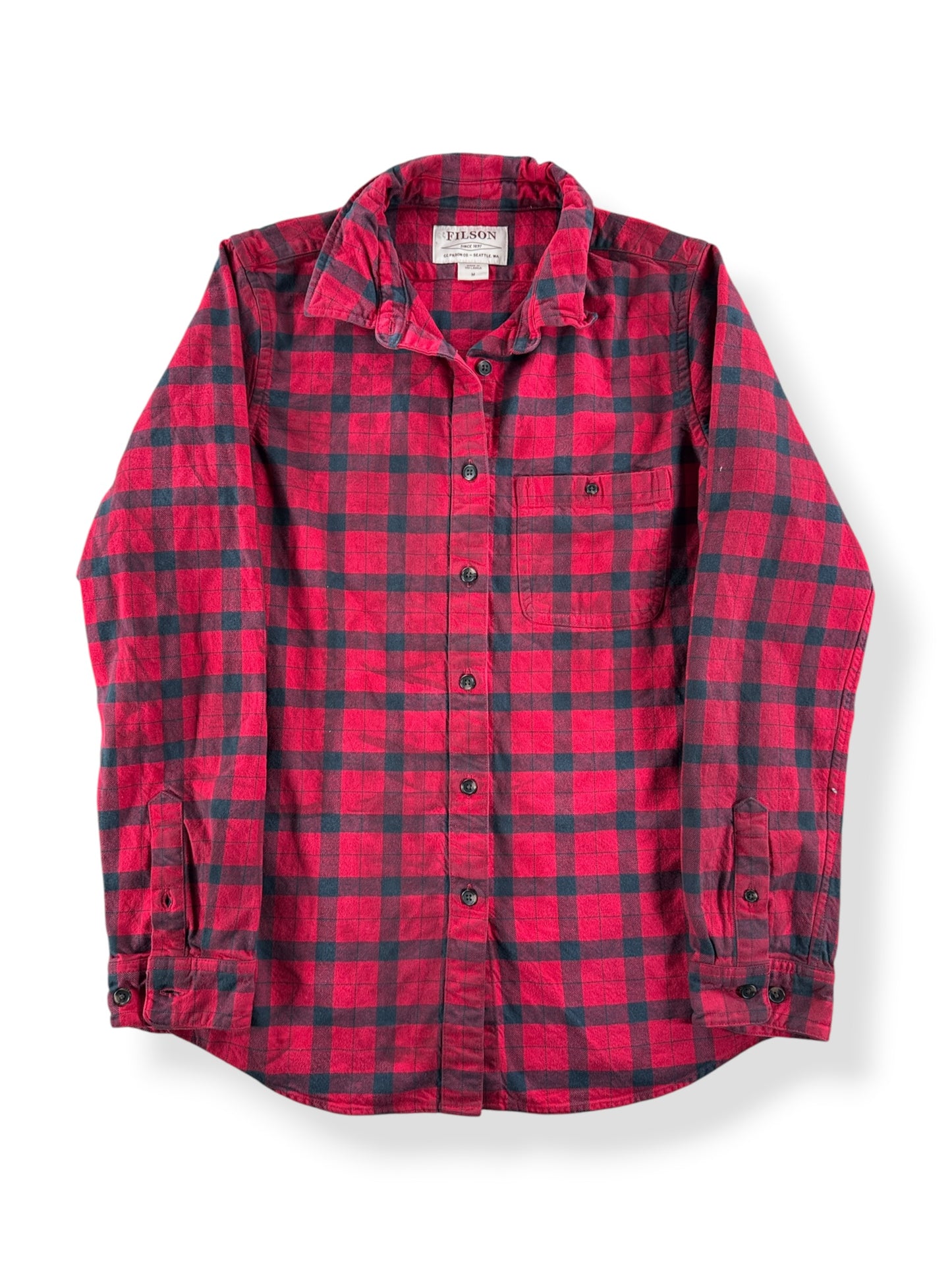 Front of Filson Red Black Women's Alaska Guide Shirt SZ M