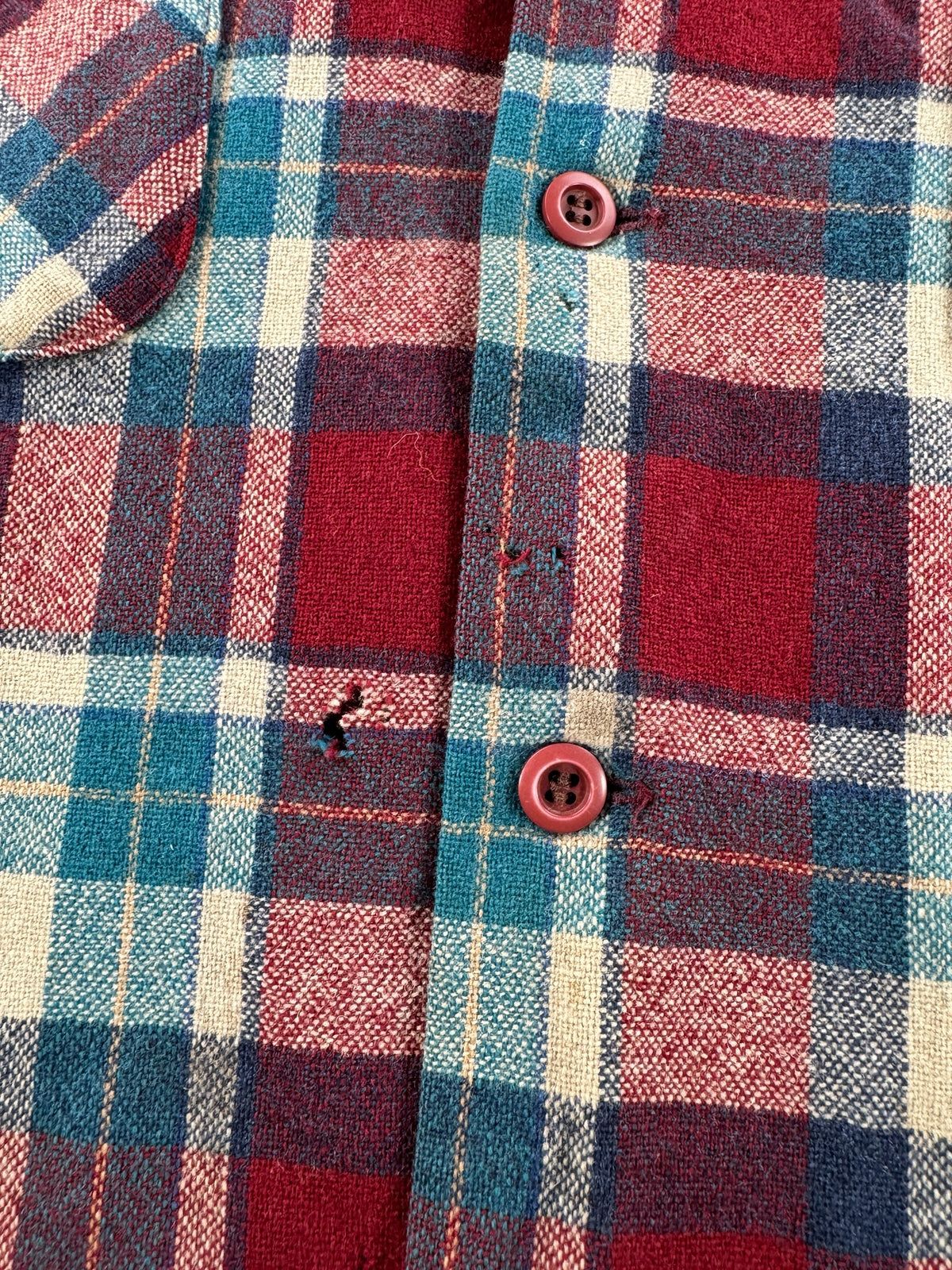 Holes on front of Vintage Pendleton Maroon Plaid Board Shirt W/ Elbow Pads SZ L - AS IS