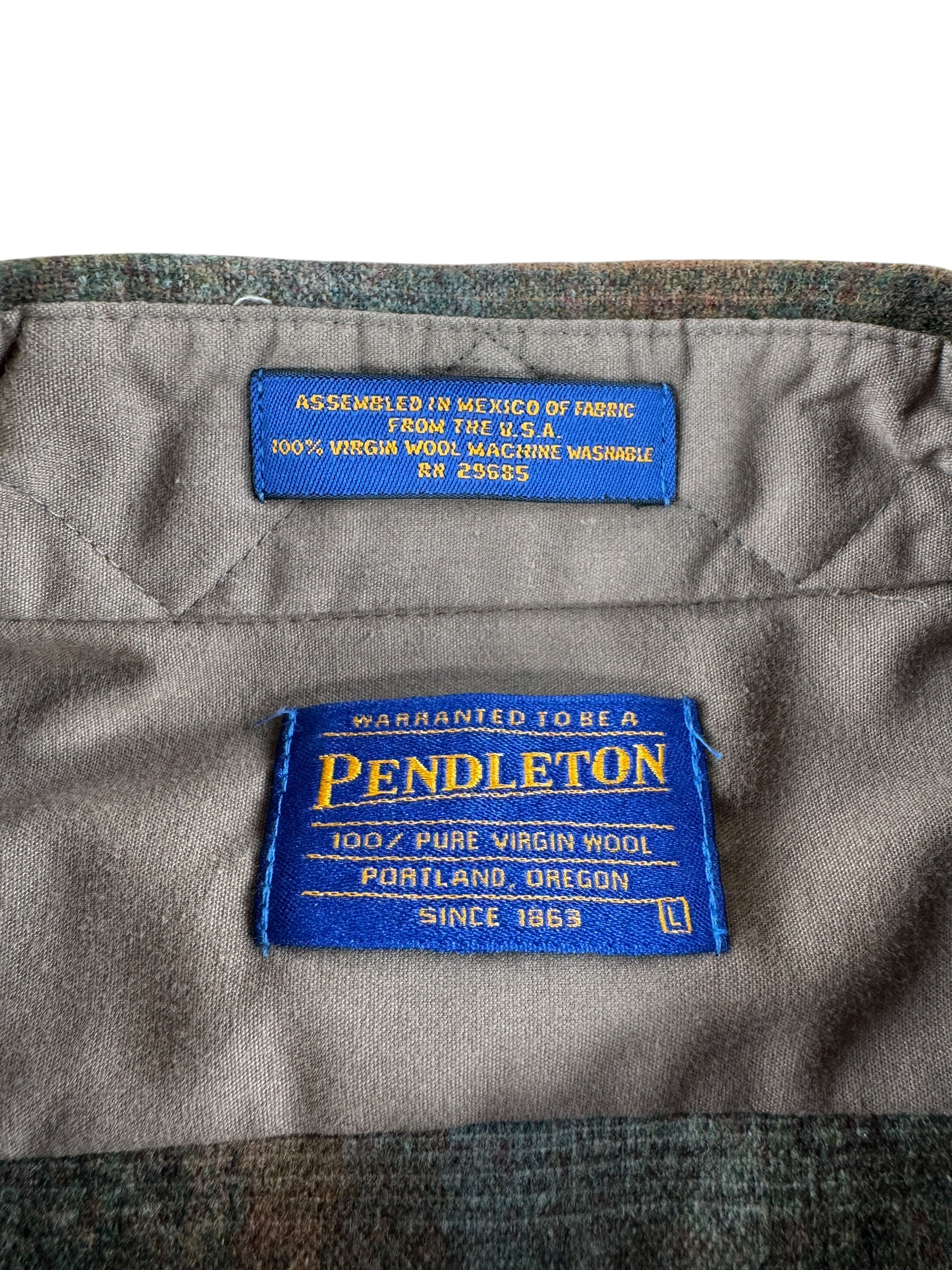 Label on Pre-2009 Pendleton Shadow Plaid Western Shirt SZ L