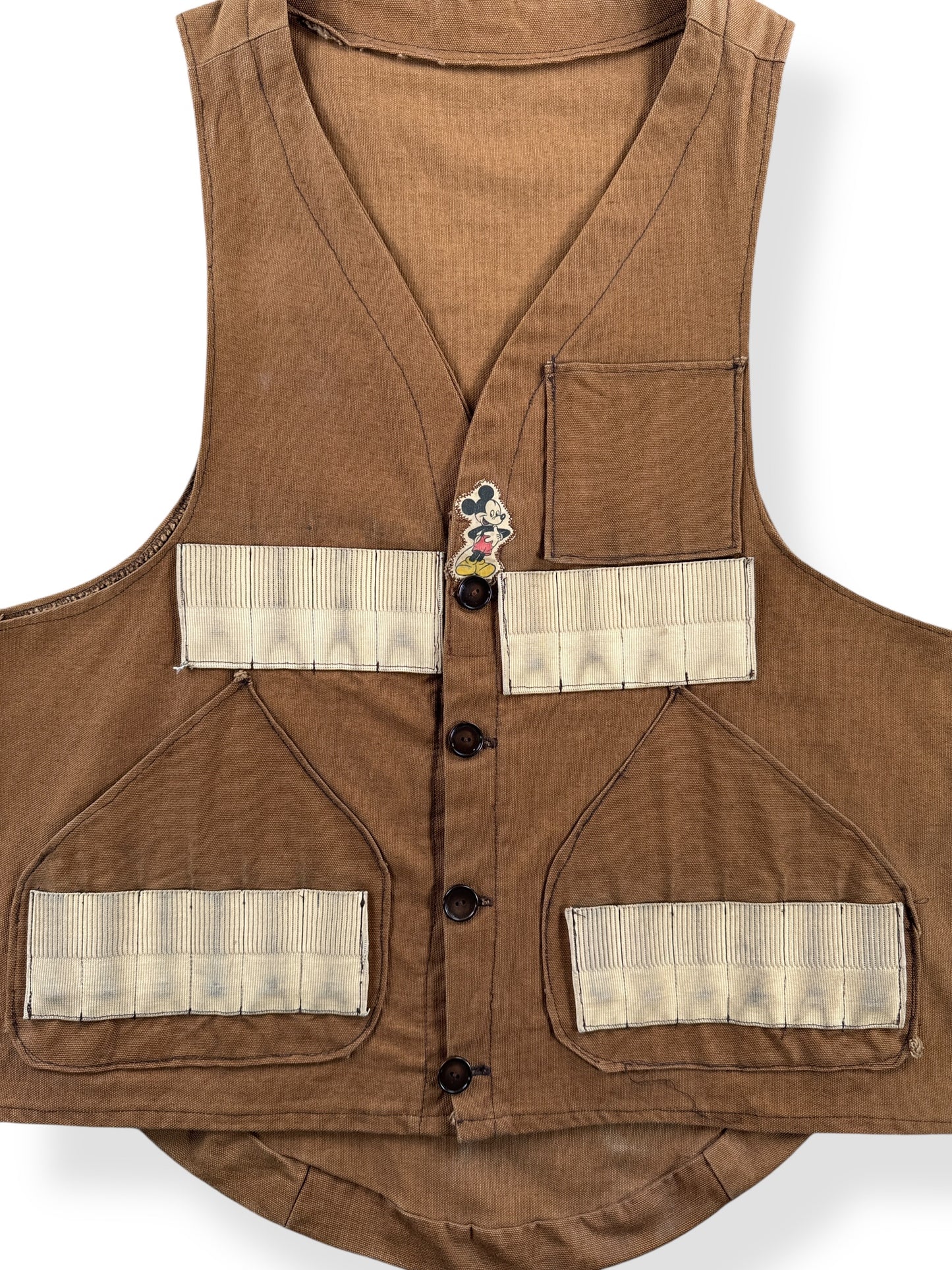 Front Close Up of Vintage Hunting Vest w/ Mickey Patch SZ M