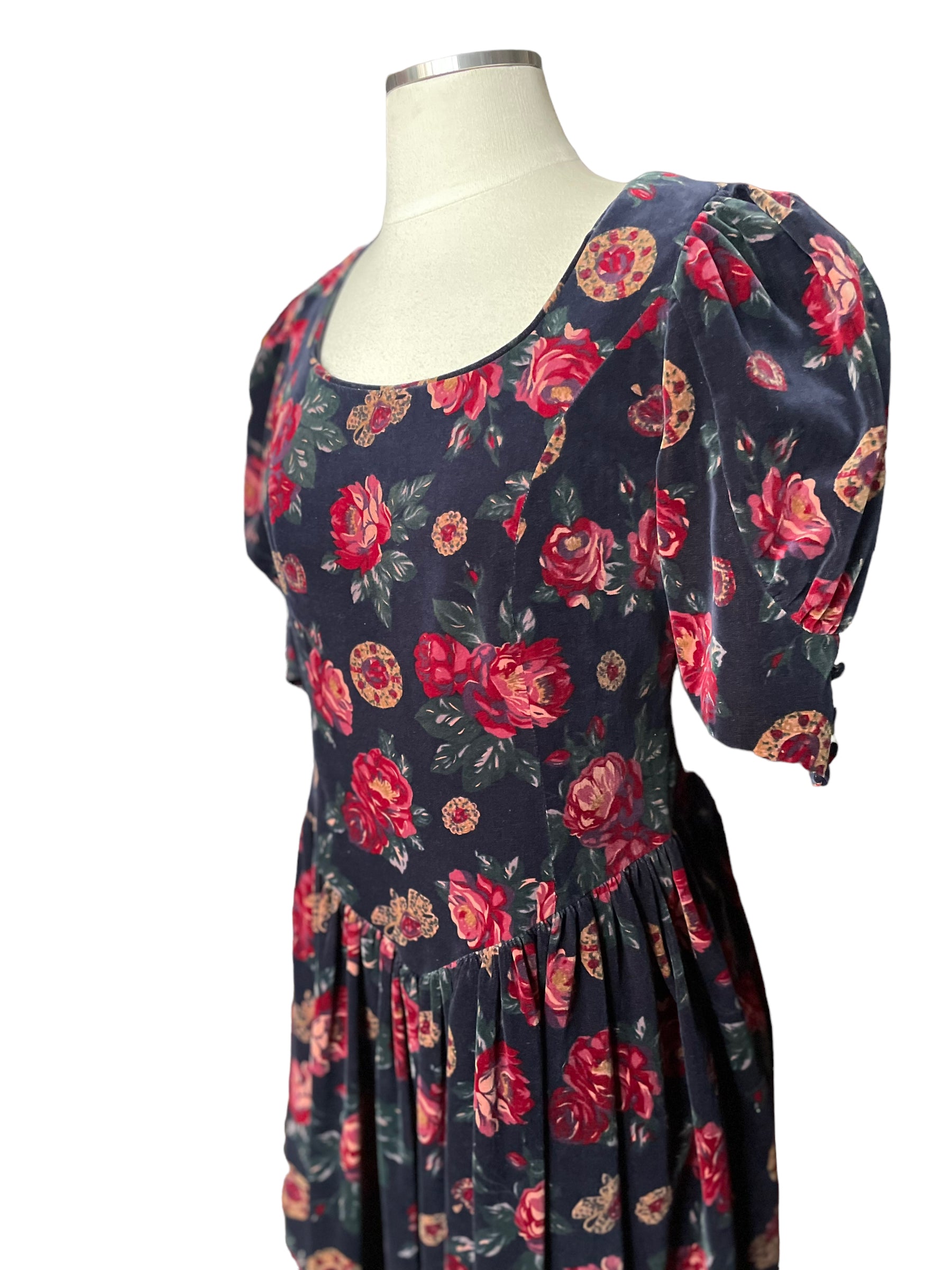 Front left top view of Vintage 1980s Laura Ashley Floral Velvet Dress | Seattle True Vintage Dresses | Barn Owl Vintage Ladies