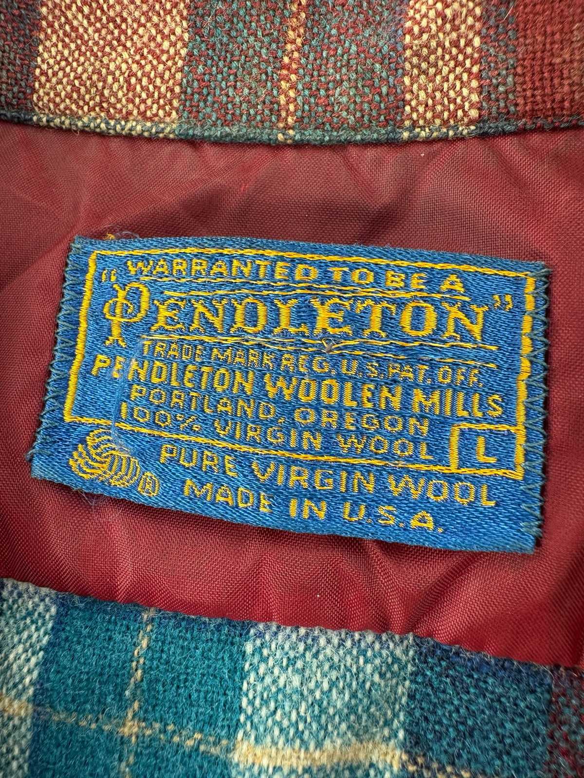 Tag on Vintage Pendleton Maroon Plaid Board Shirt W/ Elbow Pads SZ L - AS IS