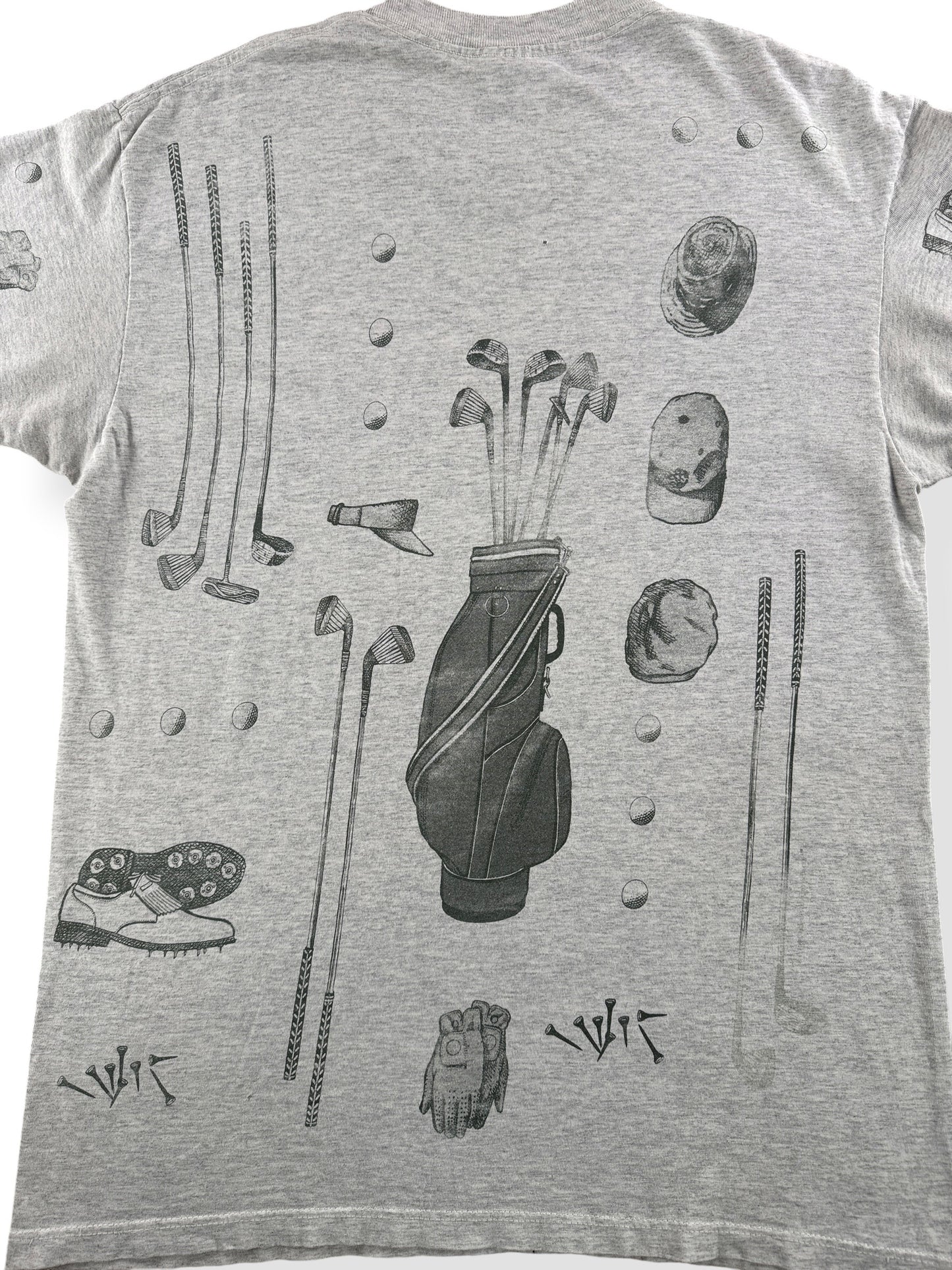 Back Close Up of Vintage Rel-e-vant Golf AOP Tee SZ L