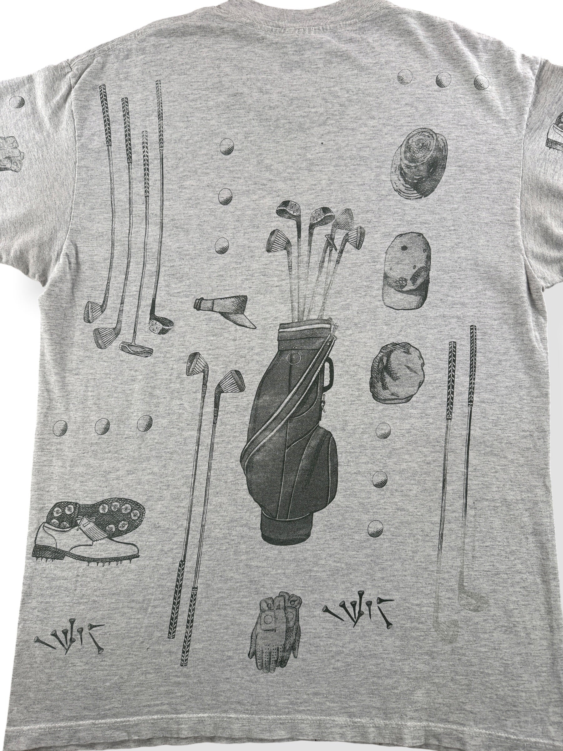 Back Close Up of Vintage Rel-e-vant Golf AOP Tee SZ L