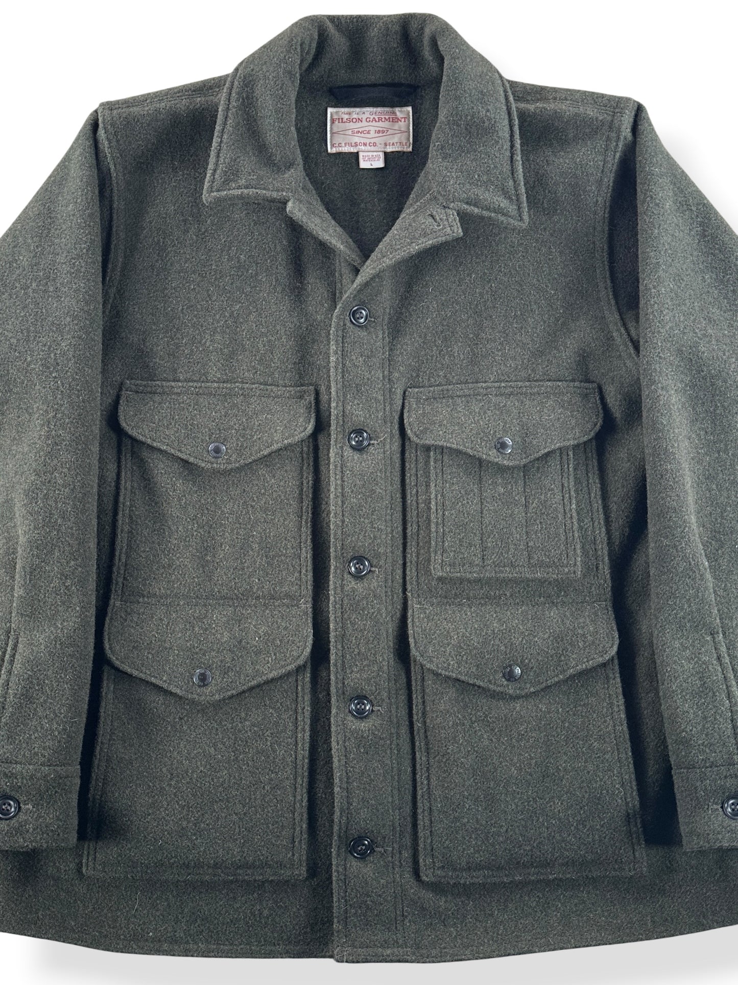 Front Close Up of Filson Forest Green Mackinaw Cruiser SZ L
