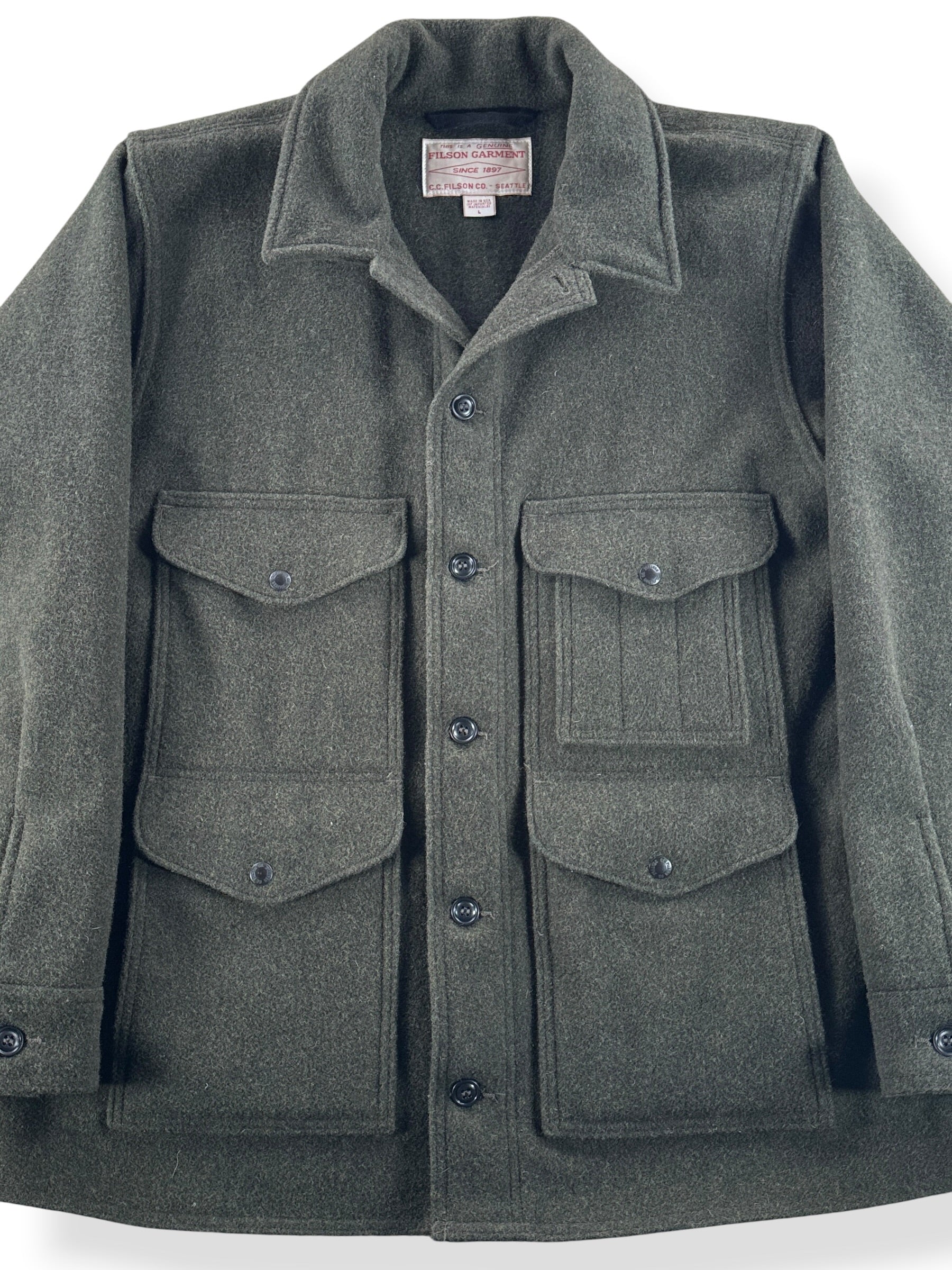 Front Close Up of Filson Forest Green Mackinaw Cruiser SZ L