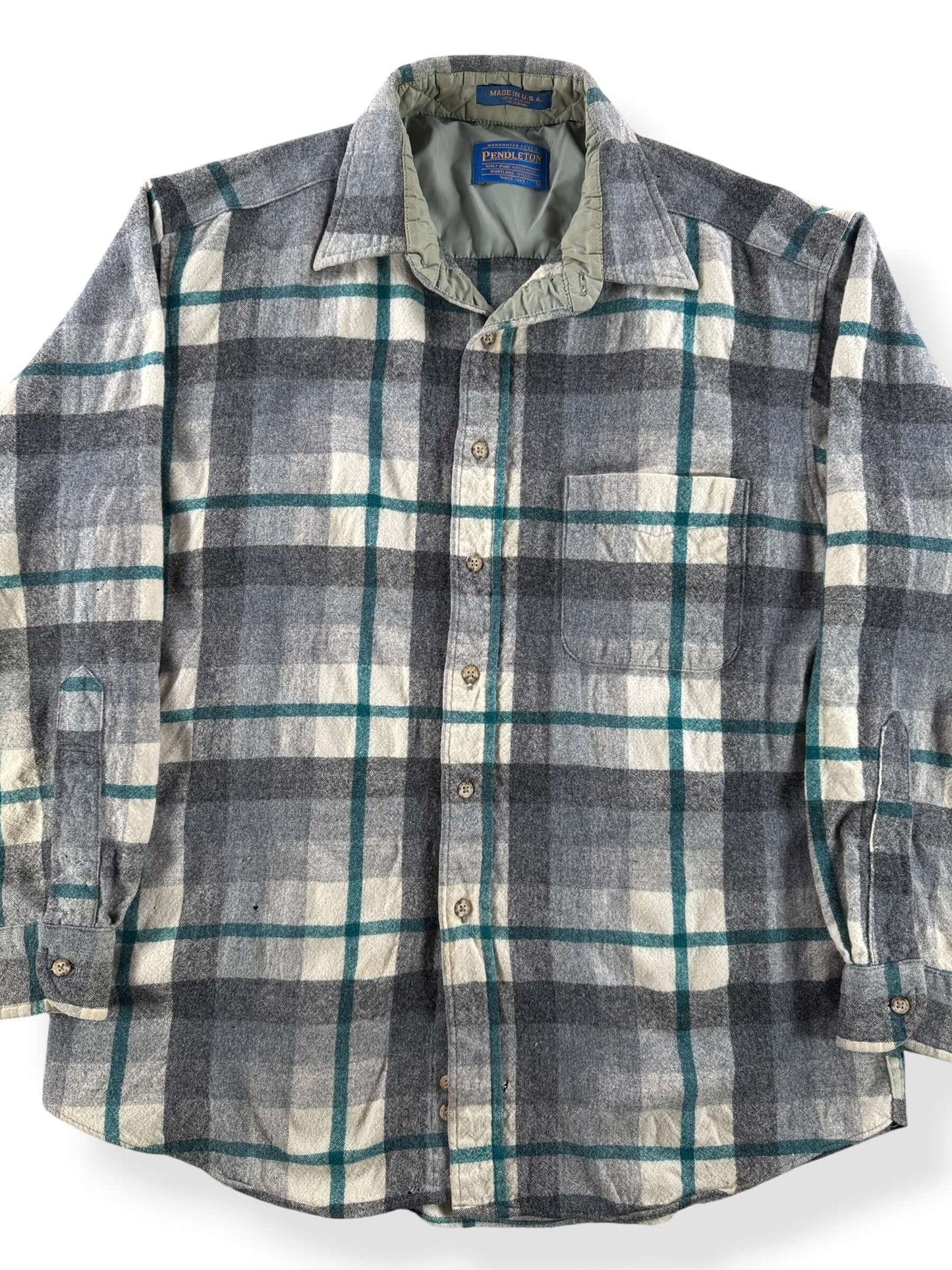 Front Close Up of Vintage Grey & Green Pendleton Flannel SZ L - AS IS