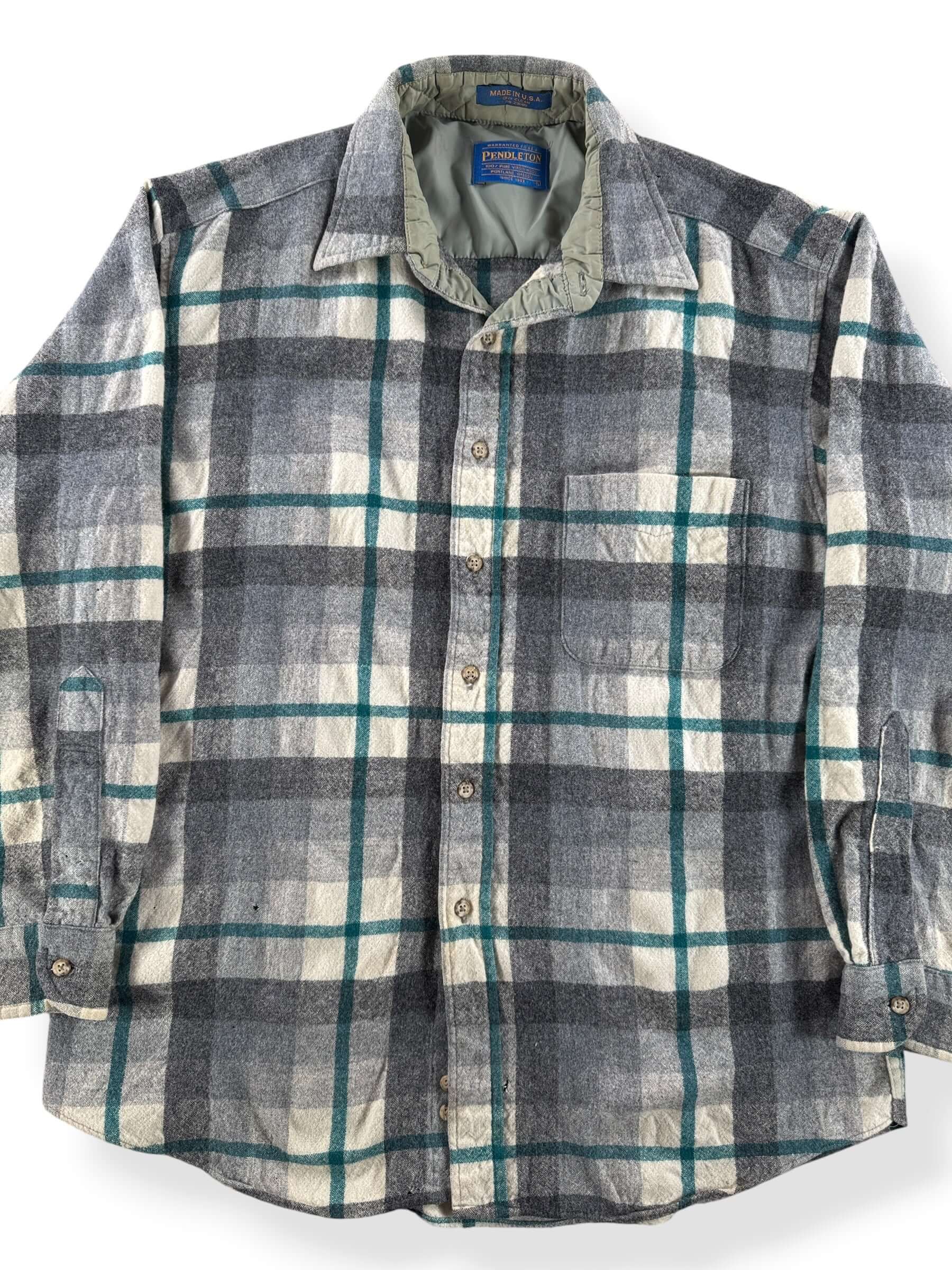 Front Close Up of Vintage Grey & Green Pendleton Flannel SZ L - AS IS