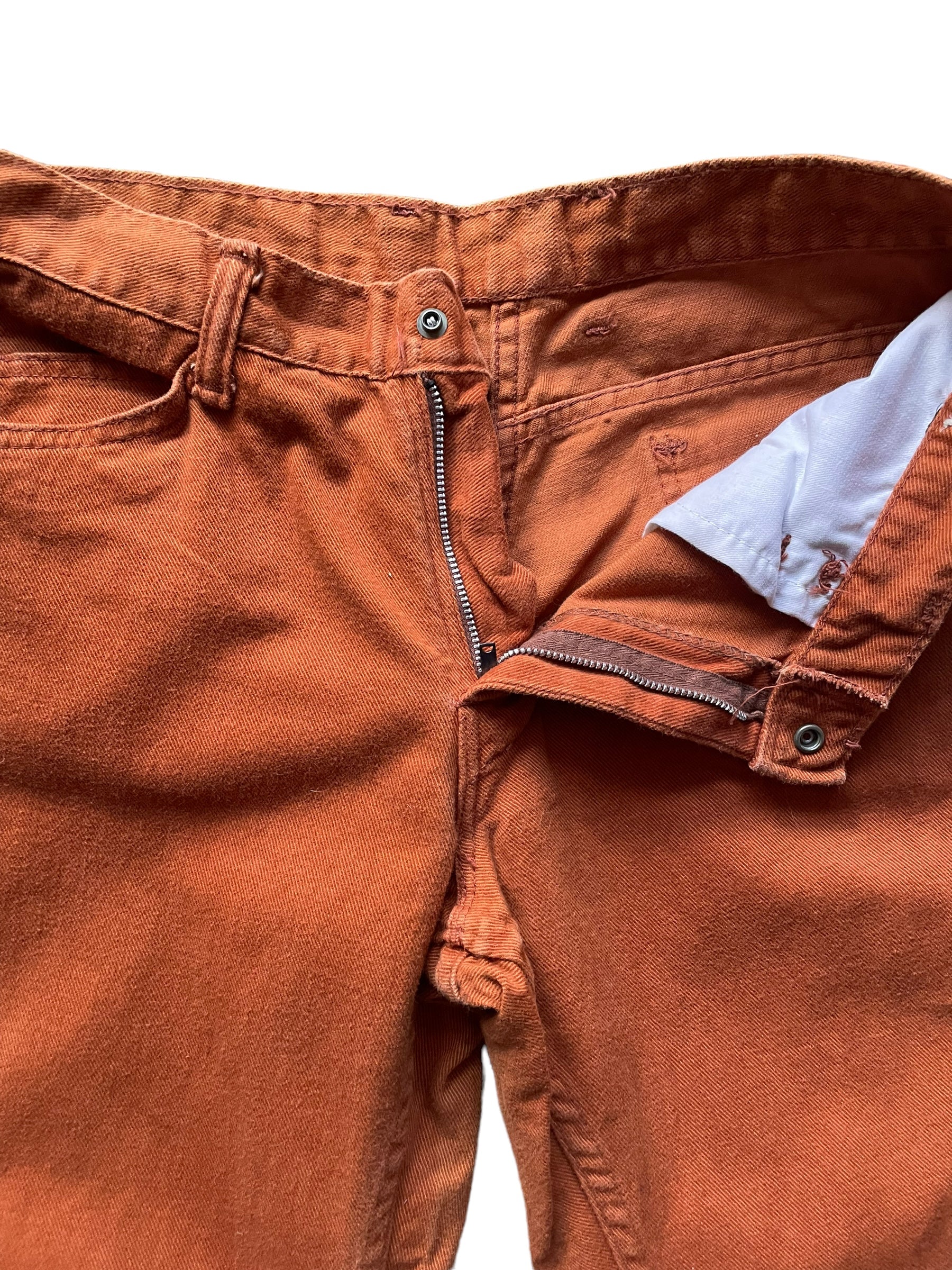 Open zipper view of Vintage 1970s Rusty Orange Bells W30 | Barn Owl Vintage Seattle | Vintage Pants and Denim