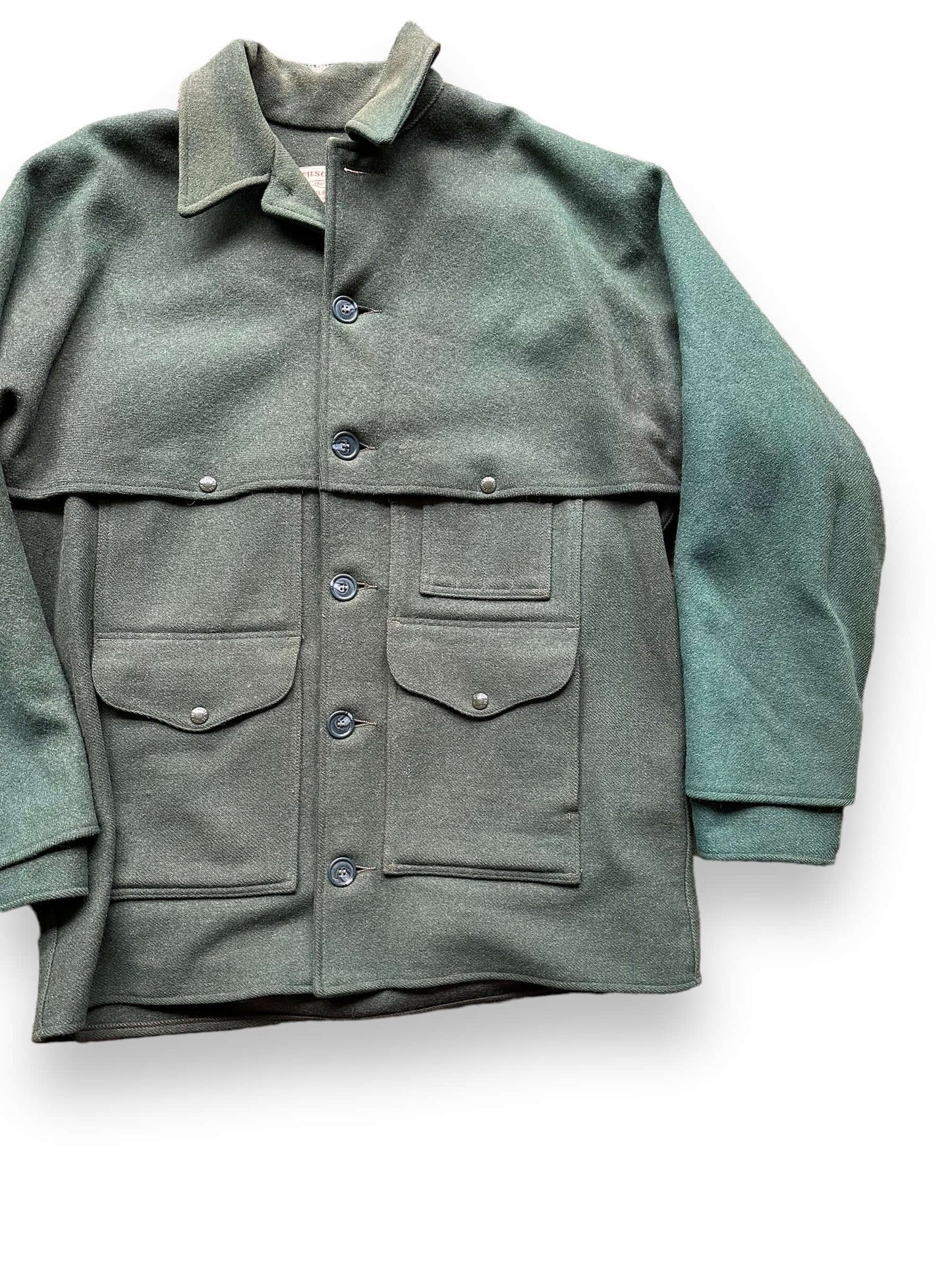 Front Left View of Vintage Filson Forest Green Double Mackinaw Cruiser SZ 48 |  Vintage Filson Workwear Seattle