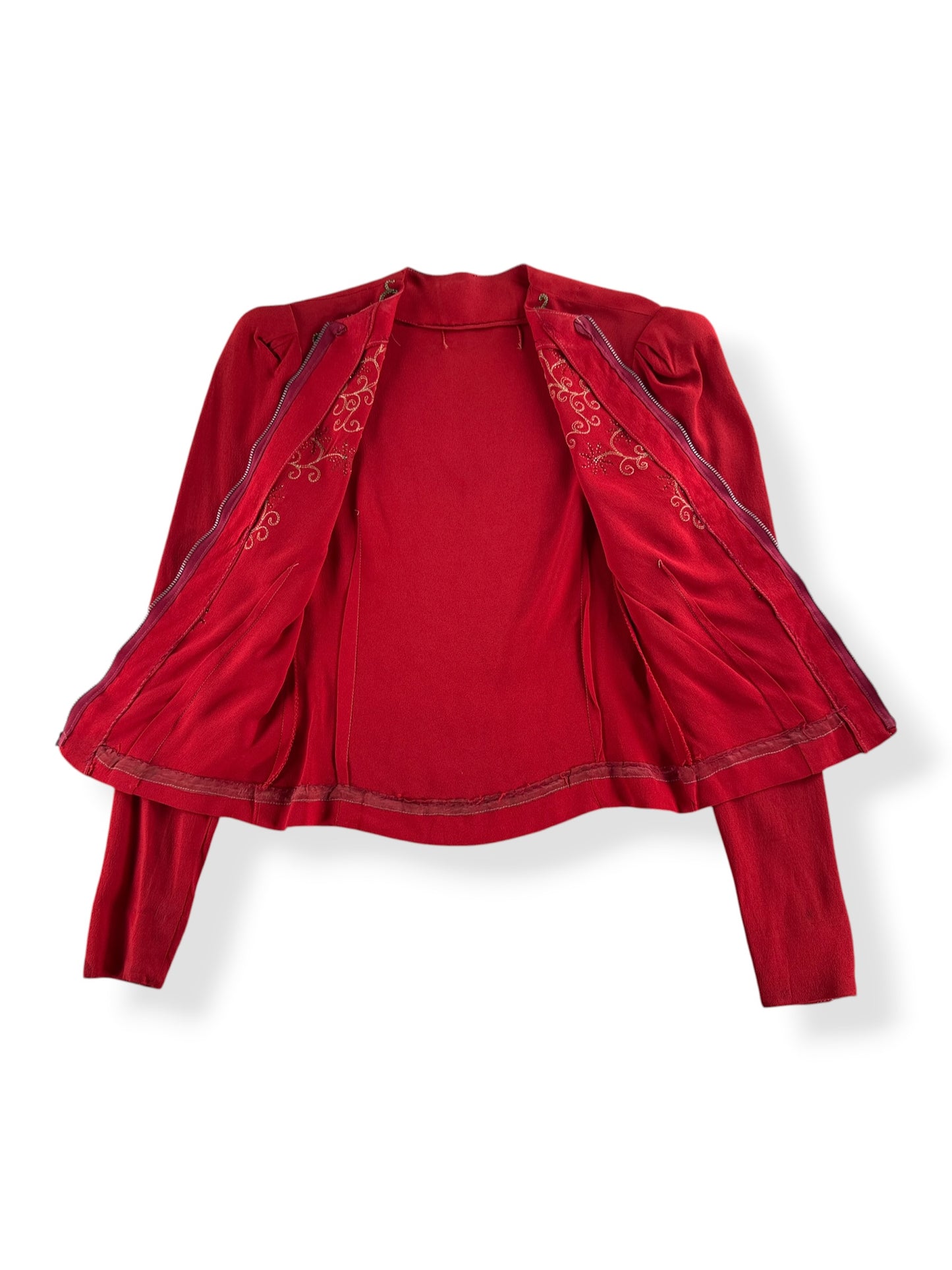 Inside of Vintage 1940s Red Rayon Blouse W/ Beadwork SZ XS