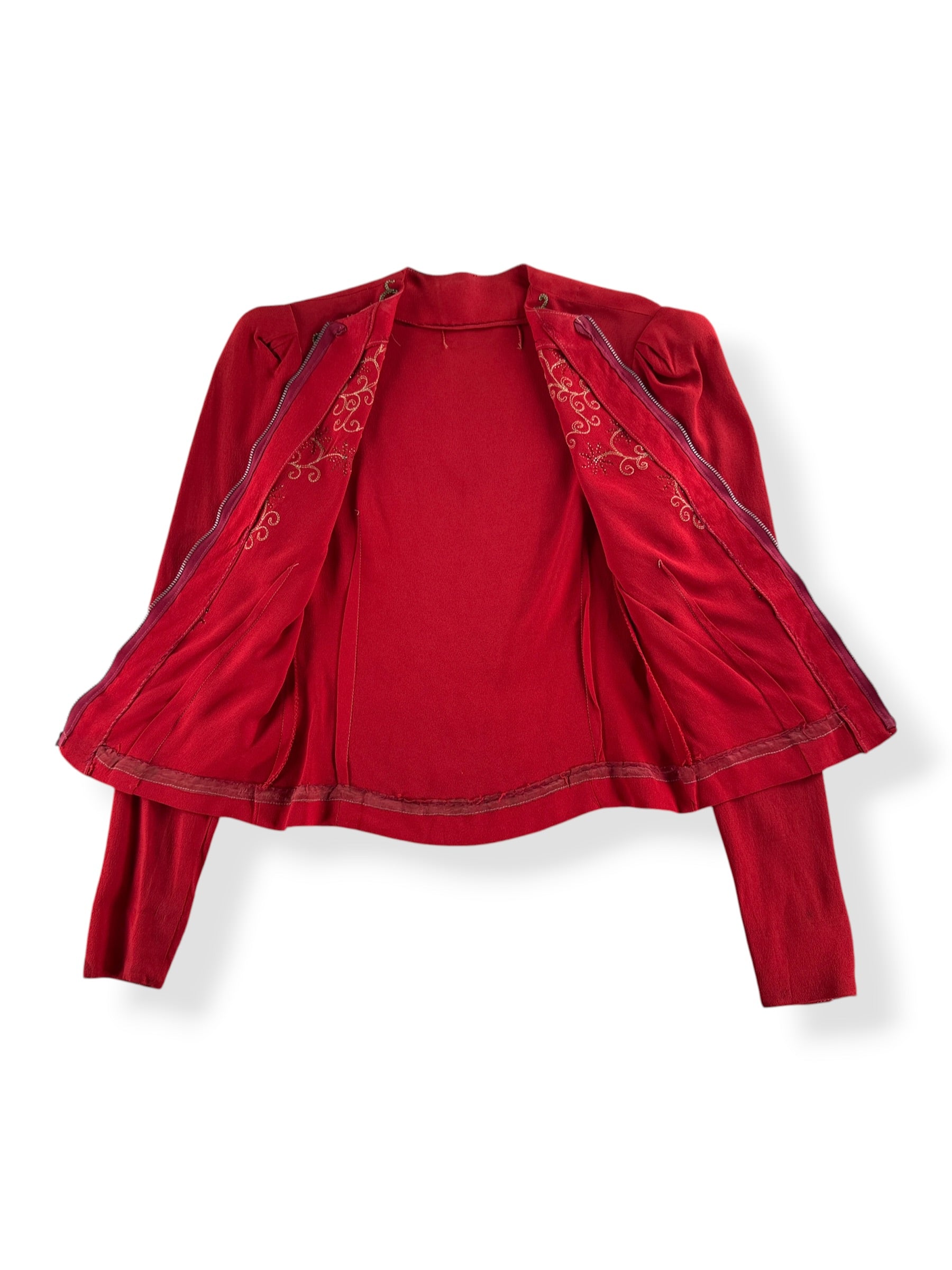 Inside of Vintage 1940s Red Rayon Blouse W/ Beadwork SZ XS