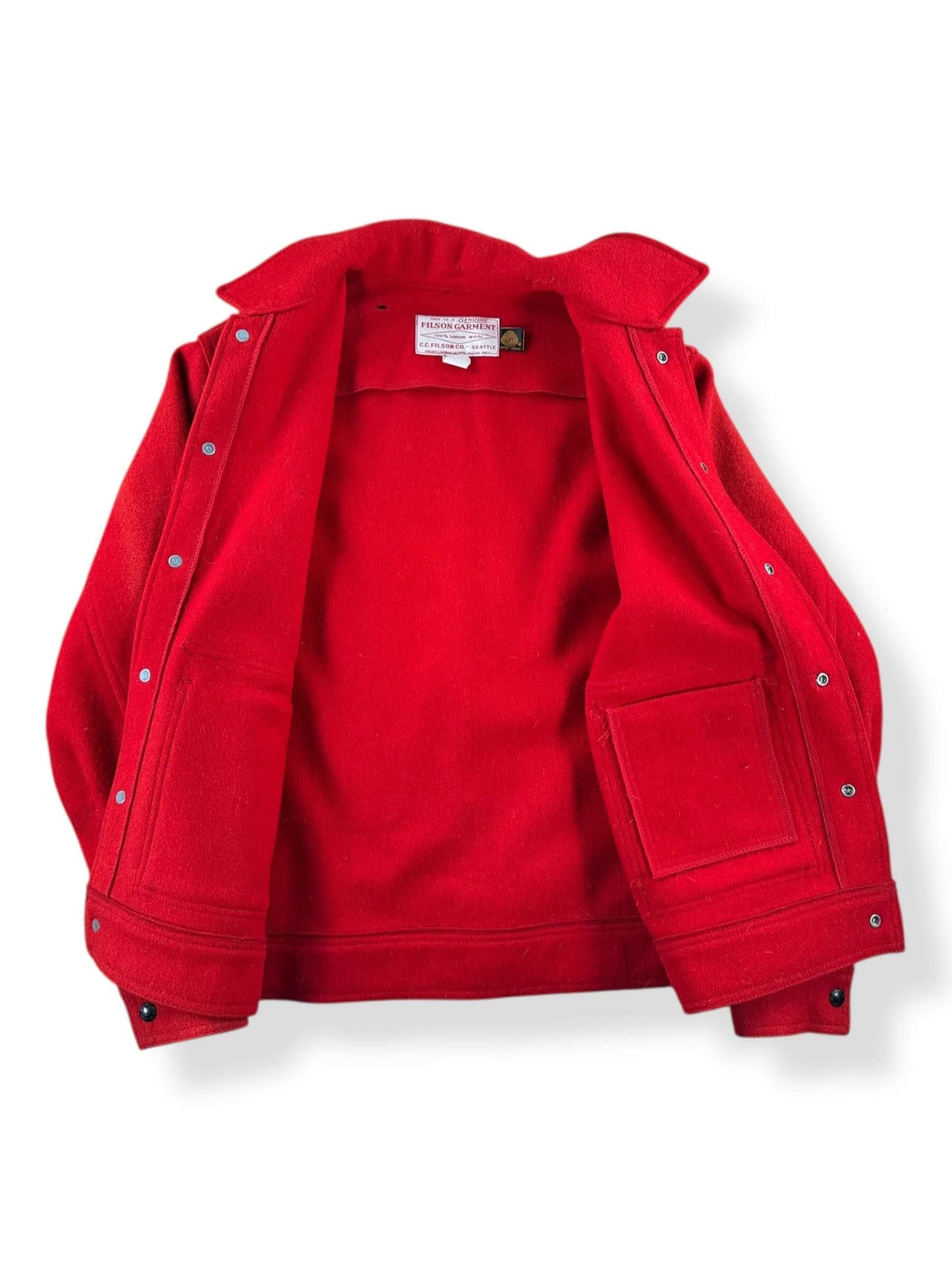 Inside of Vintage Filson Scarlet Mackinaw Work Jacket SZ 40