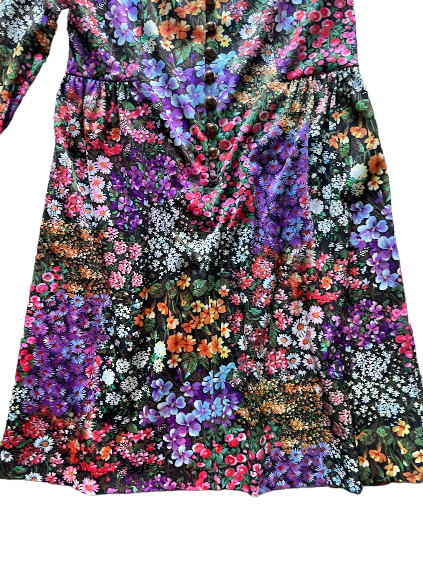 Front bottom skirt view of Vintage 1960s Westbury Fashions Floral Dress SZ L |  Barn Owl Vintage Dresses | Seattle Vintage Ladies Clothing