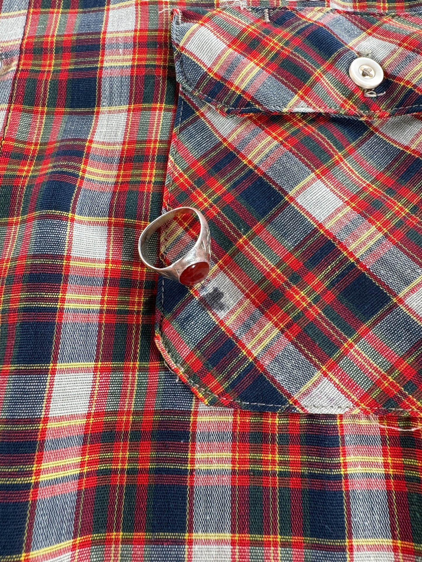 Small ink stain on left breast pocket of Vintage Cropped Big Mac Plaid Shirt SZ L