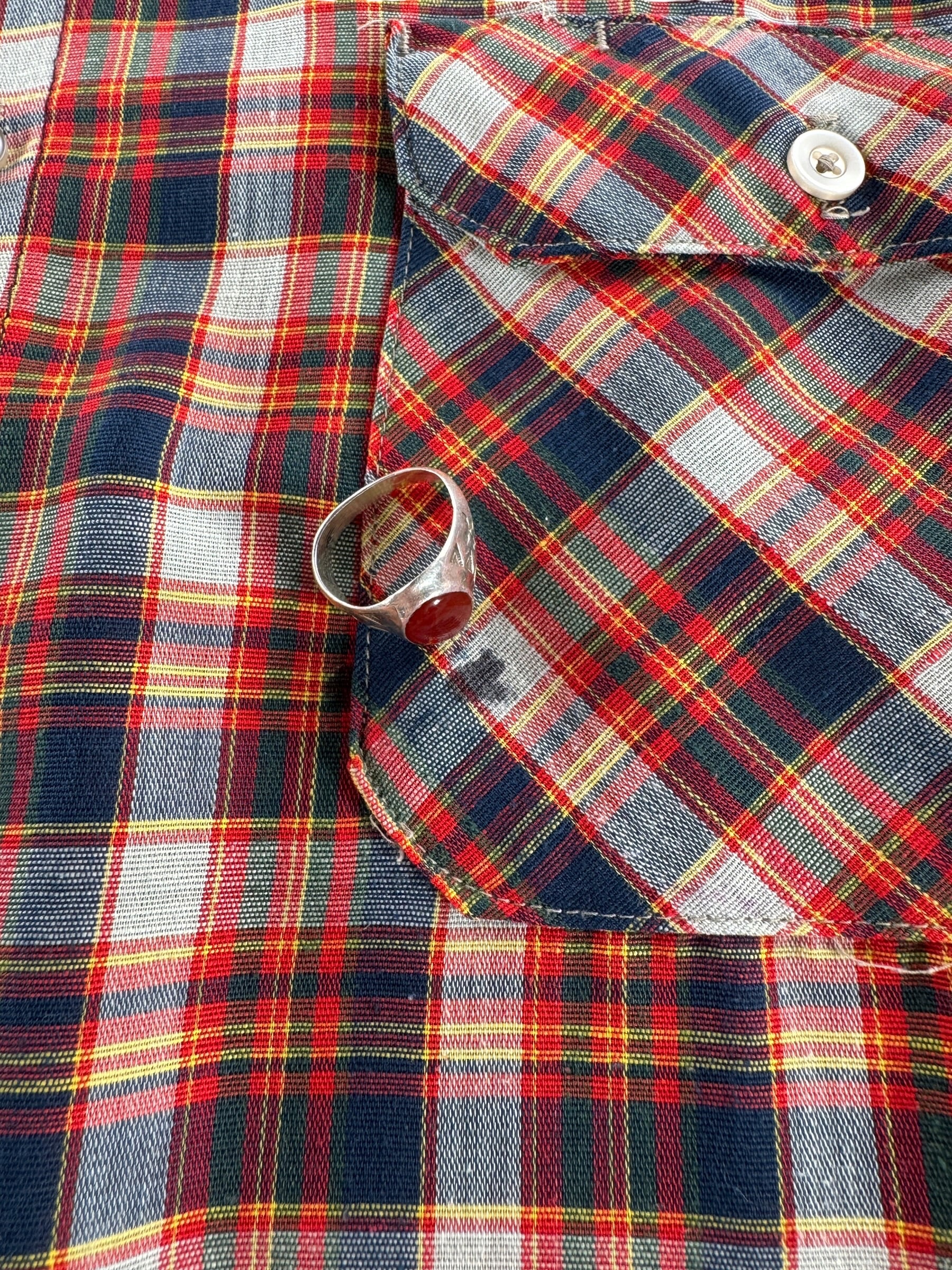 Small ink stain on left breast pocket of Vintage Cropped Big Mac Plaid Shirt SZ L