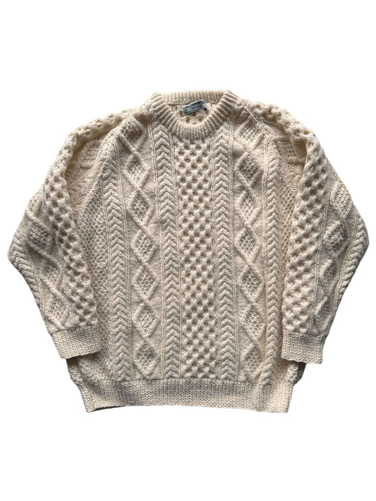 Front of Vintage Ronnie Hannigan Cream Irish Cable Knit Fishermans Sweater SZ XL