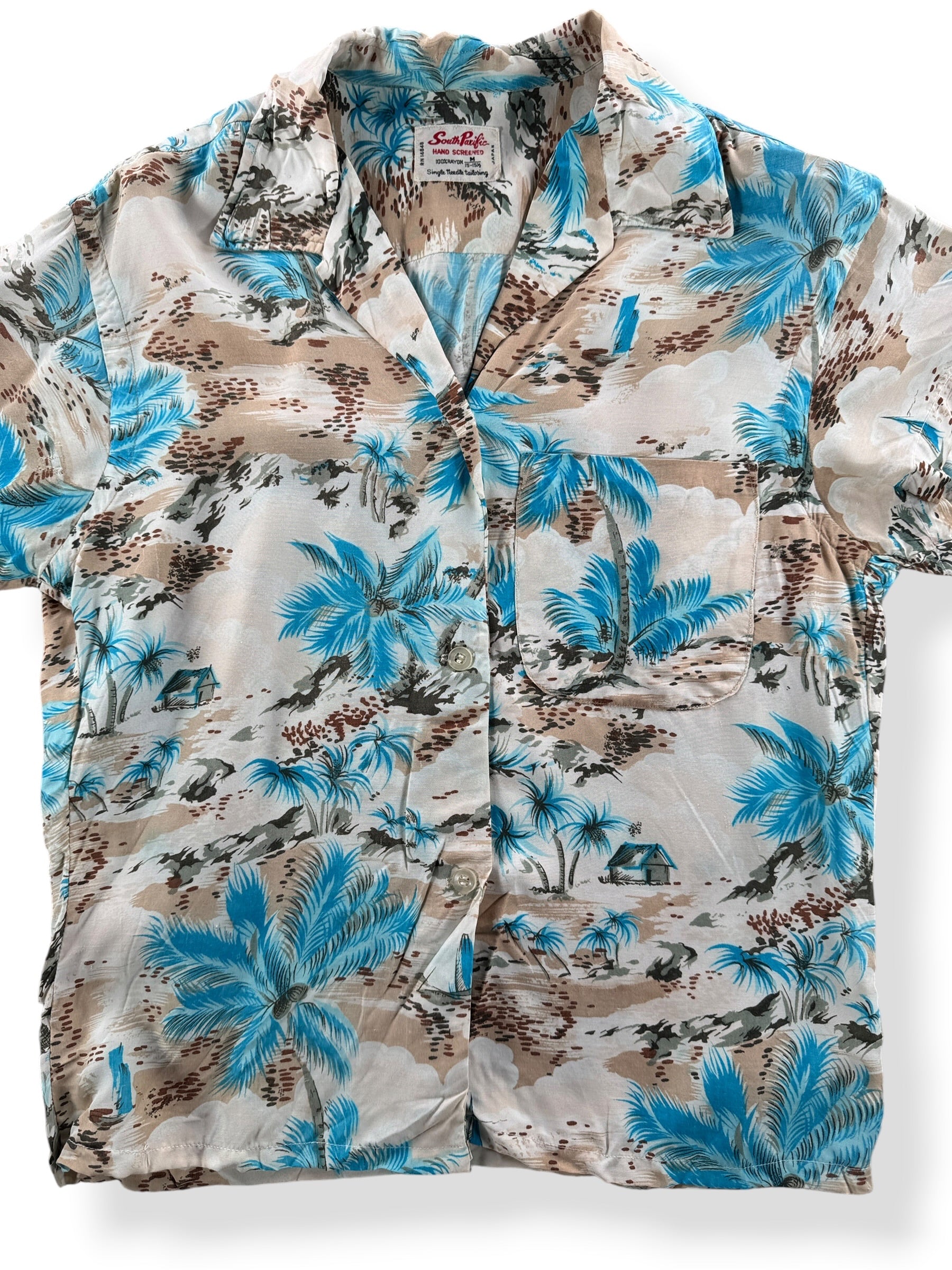 Front Close Up of Vintage South Pacific Ladies Aloha Shirt SZ M