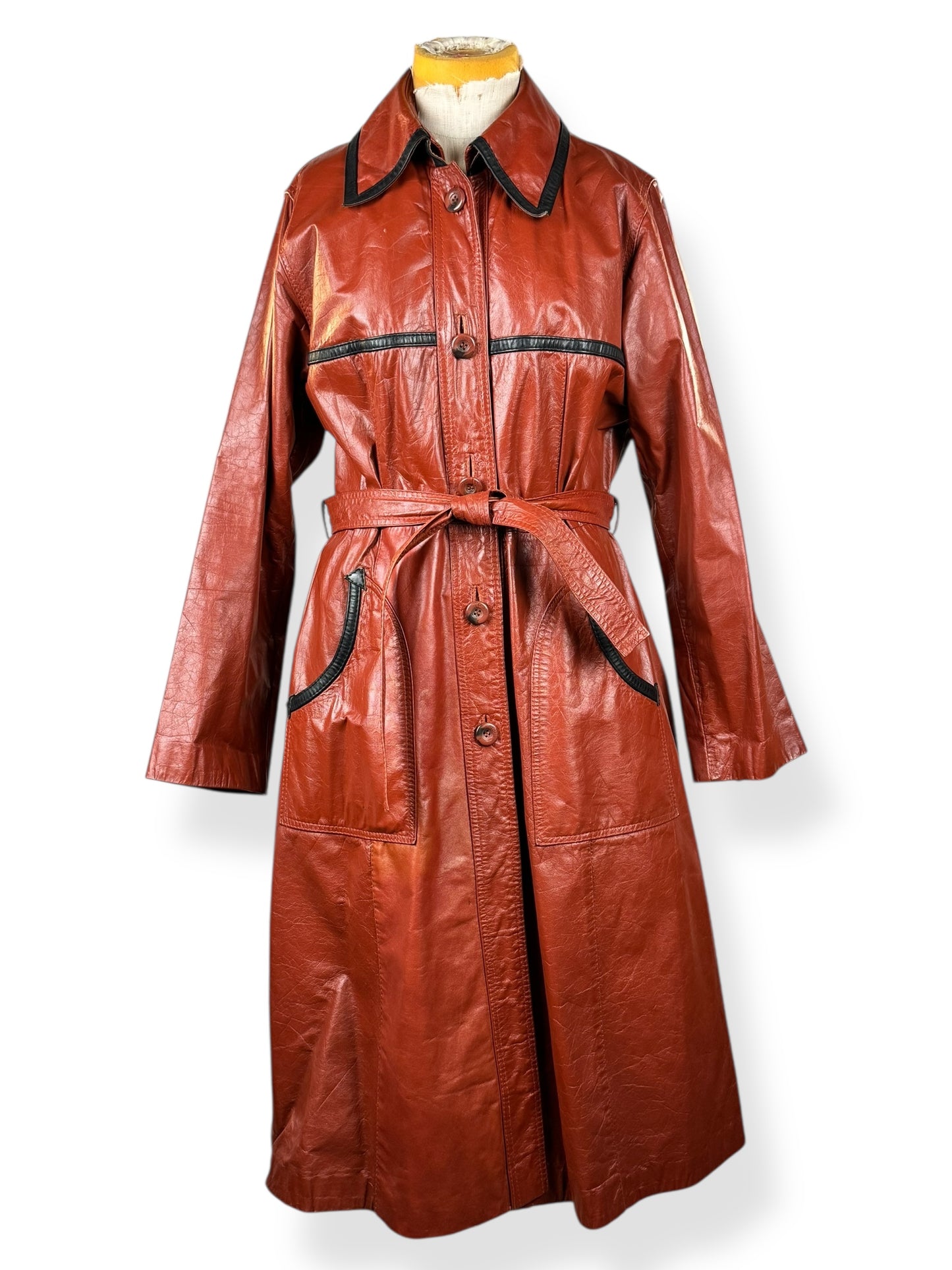 Front view of 1970s Belted Leather Trench S-M