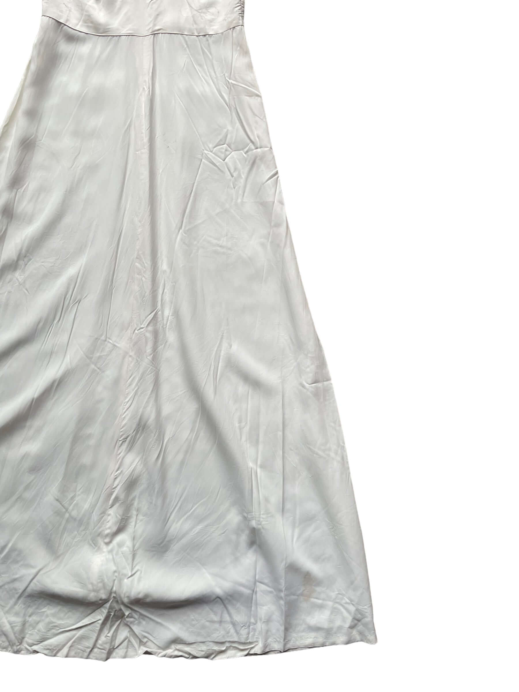 Front left skirt view of Vintage 1930s Rayon Wedding Dress |  Barn Owl Vintage Dresses | Seattle Vintage Ladies Clothing