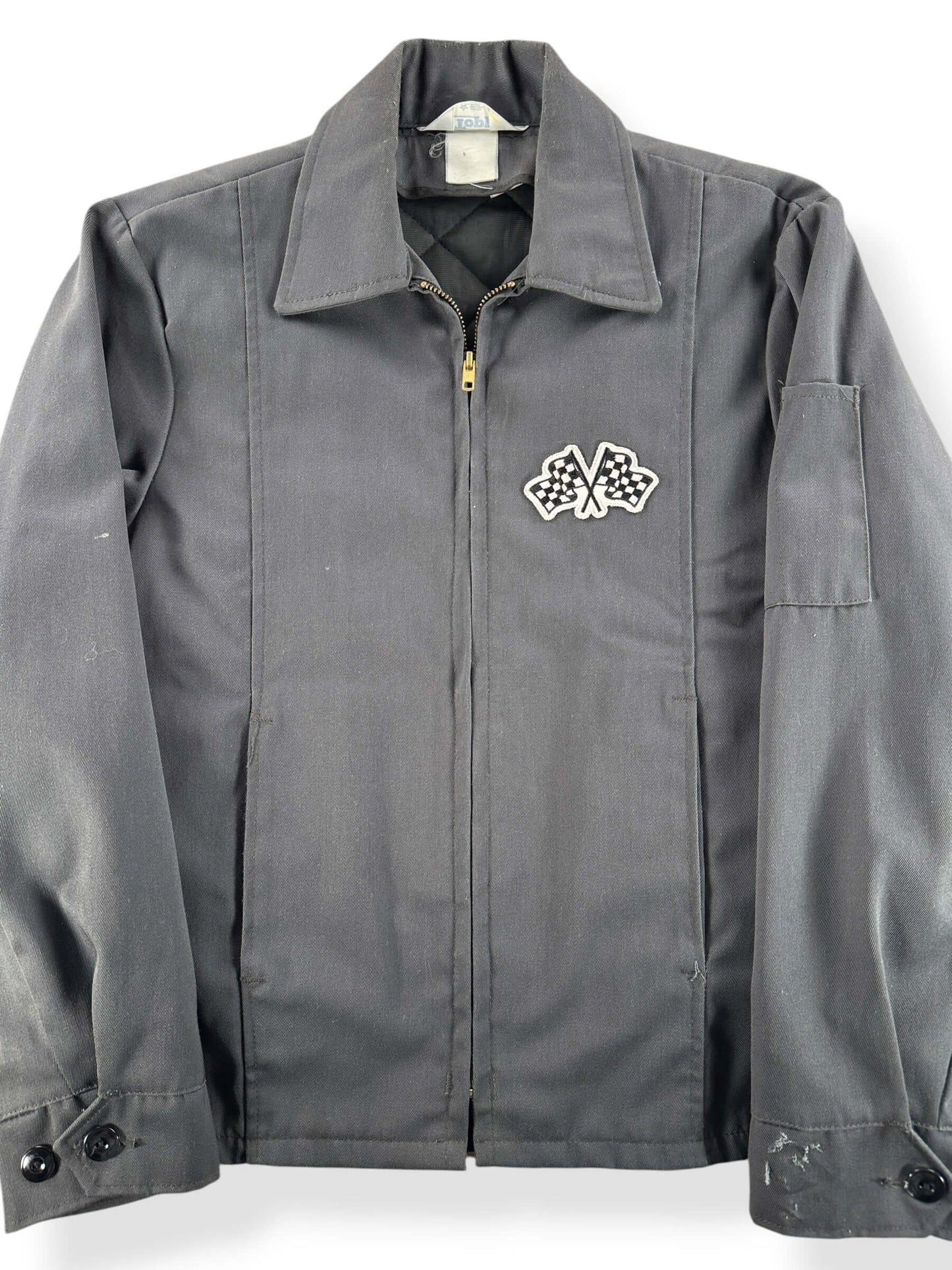 Front Close Up of Vintage 90s Grey Checkered Flag Patch Gas Station Jacket SZ M