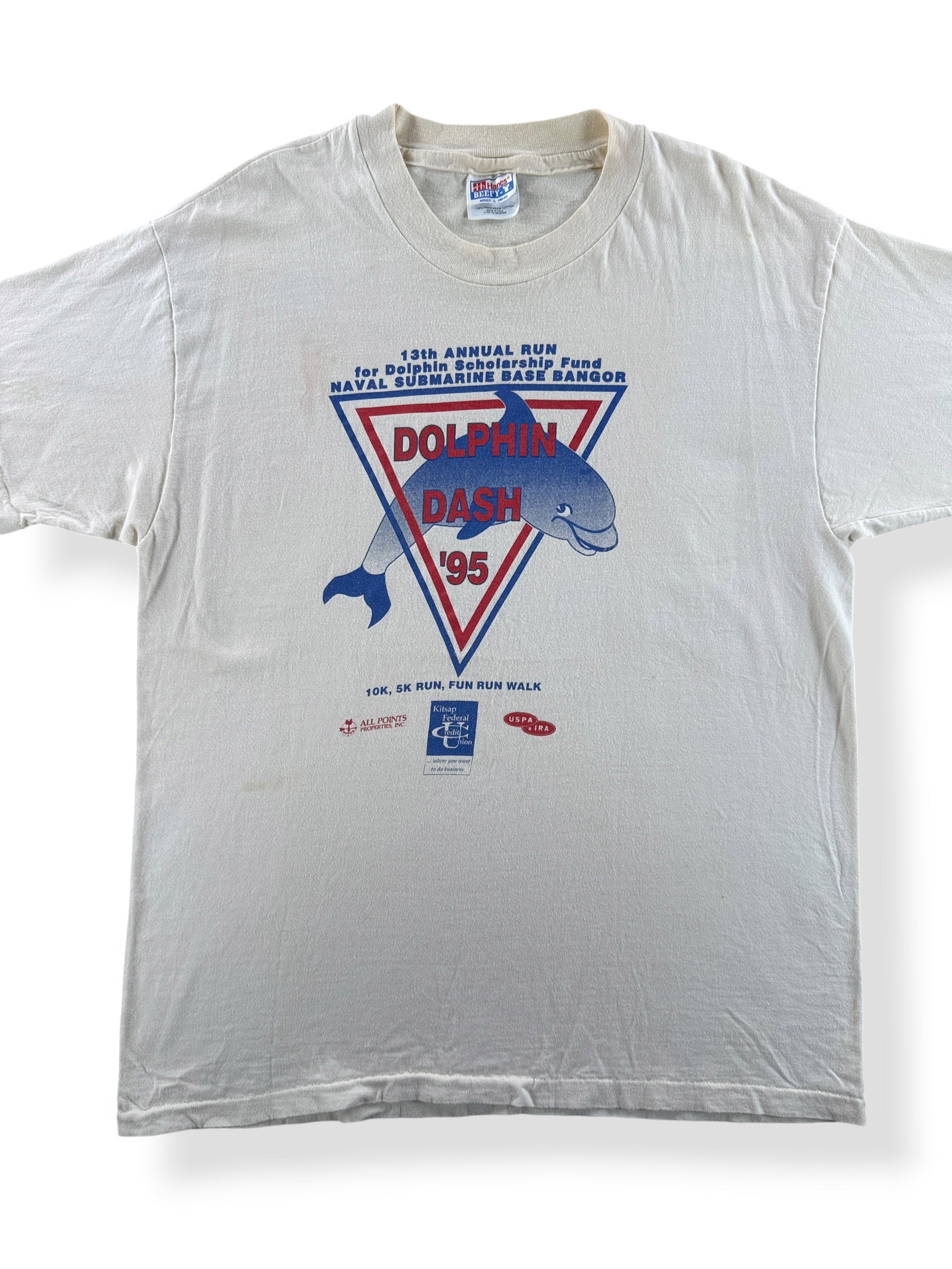 Front Close Up of Vintage 1995 Dolphin Dash Tee SZ L