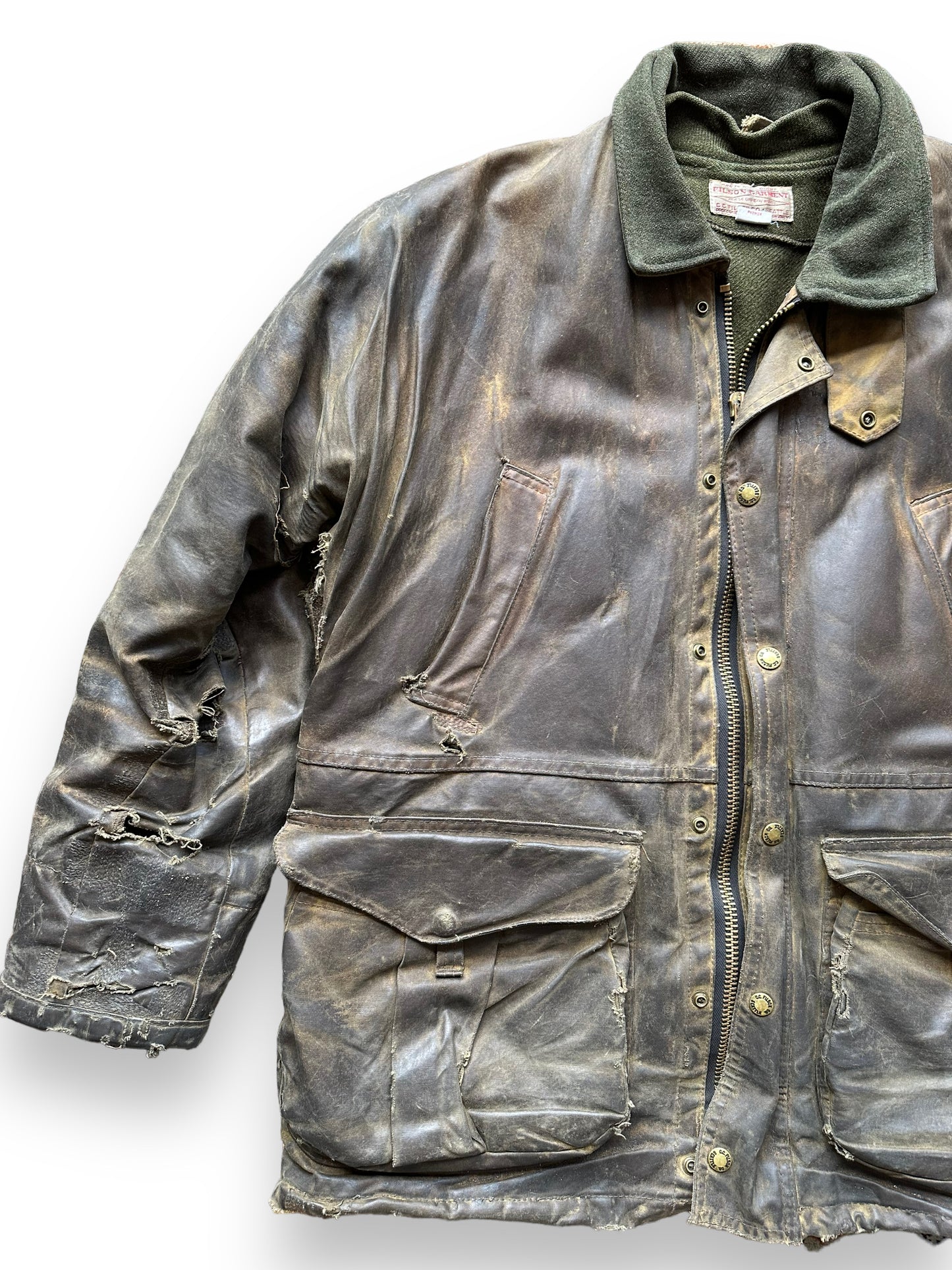 Front Right View of Filson Nasty Boy Tin Cloth Field Jacket SZ 42 |  Filson Tin Cloth Jacket | Vintage Workwear Seattle