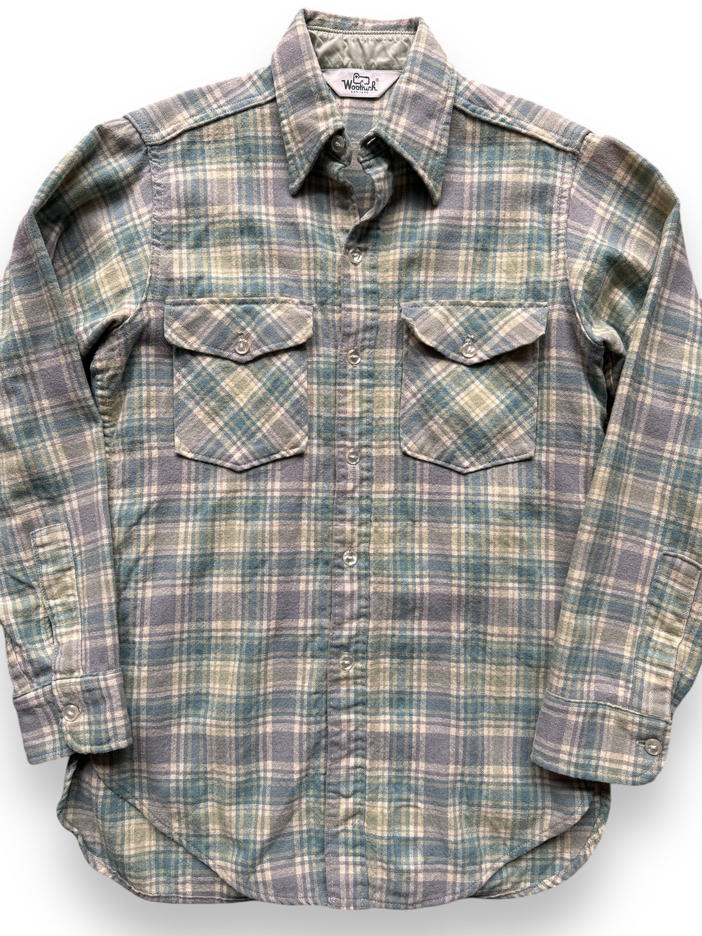 front close up of Vintage Woolrich Blue Plaid Wool Flannel SZ M