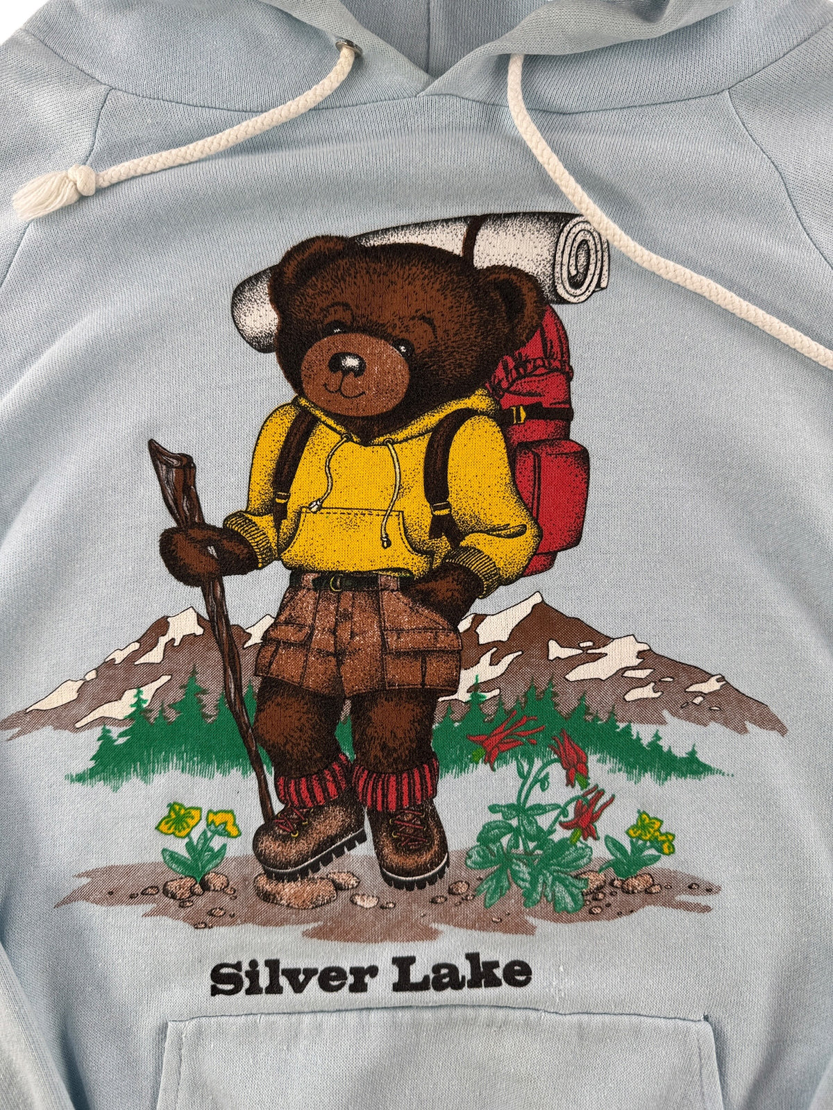 Front graphic on Vintage Silver Lake Teddy Bear Hoodie SZ L
