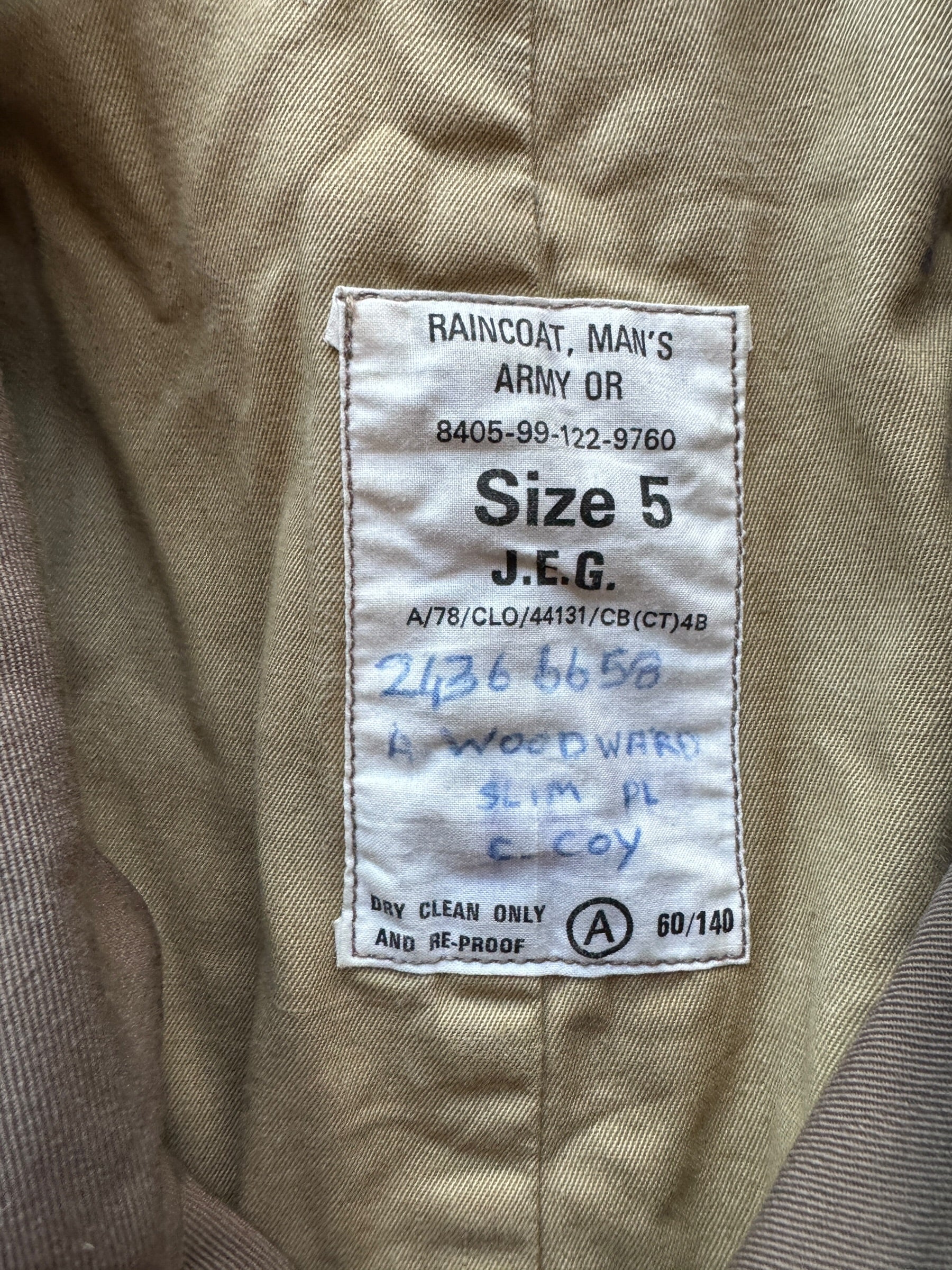 Label on Vintage Wool Gabardine Trench Coat SZ L