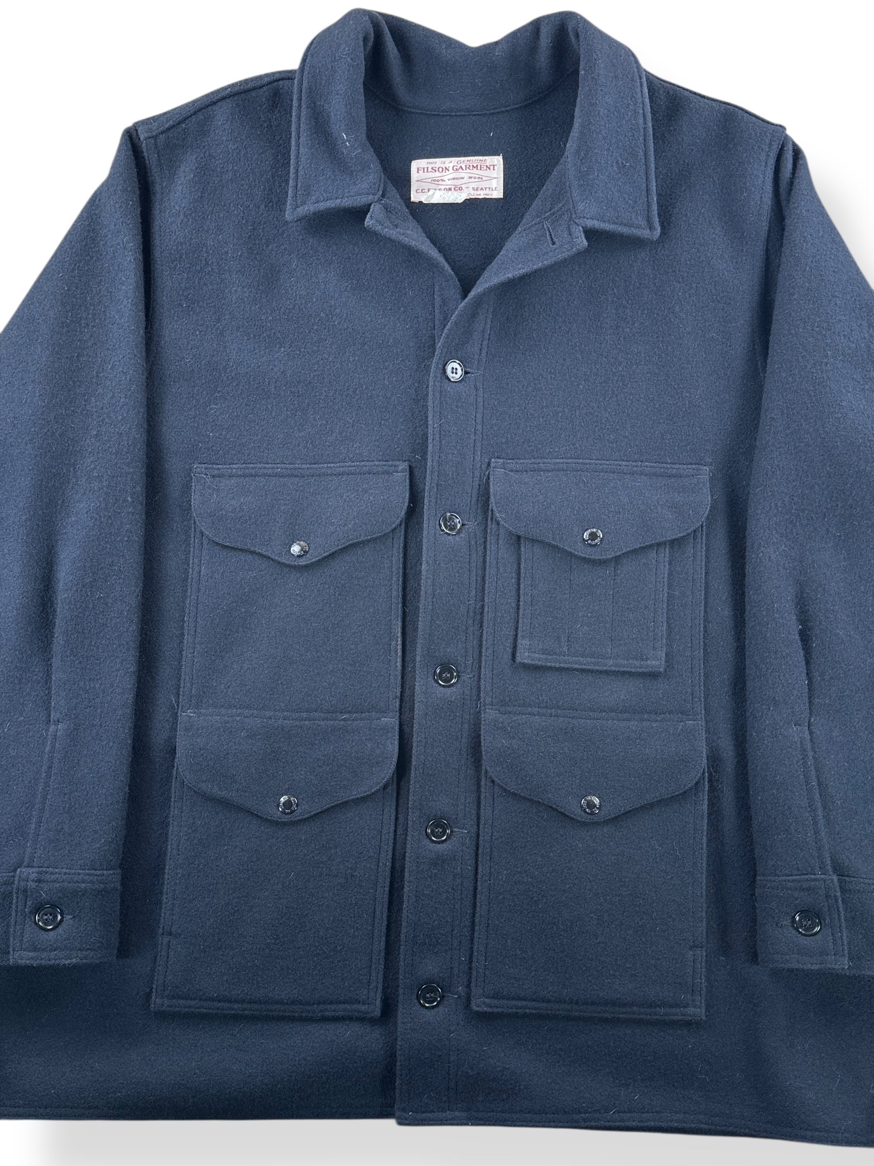 Front Close Up of Vintage Filson Navy Mackinaw Cruiser Jacket SZ 50